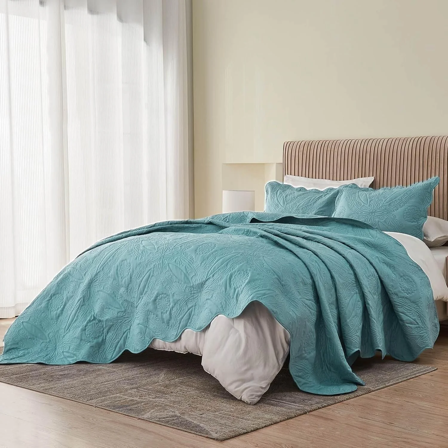 روتختی کینگ سایز بزرگ Kingnex ابعاد 325x305 مناسب تخت های کینگ یا کالیفرنیا کینگ فوق عریض و بلند، ست رو تختی لحافی سه تکه شامل 1 لحاف و 2 روبالشتی، آبی