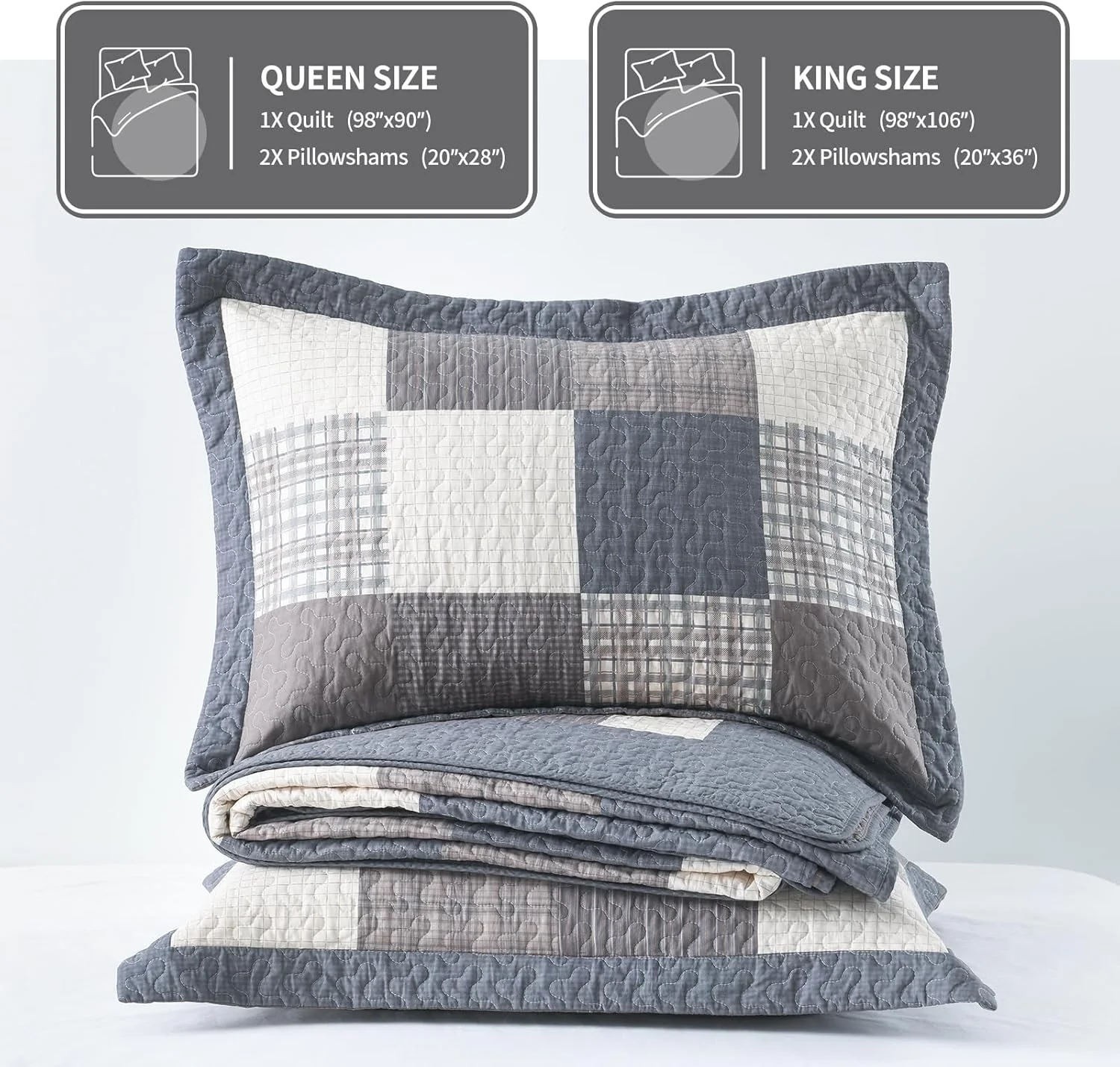 روتختی کینگ سایز طرح مزرعه KALOOLA - ست روتختی لحافی سبک وزن 100% پنبه ای 3 تکه، روتختی طرح چهارخانه کلبه ای با 2 روبالشی، رو تختی دو رو برای تمام فصول، خاکستری/قهوه ای/بژ