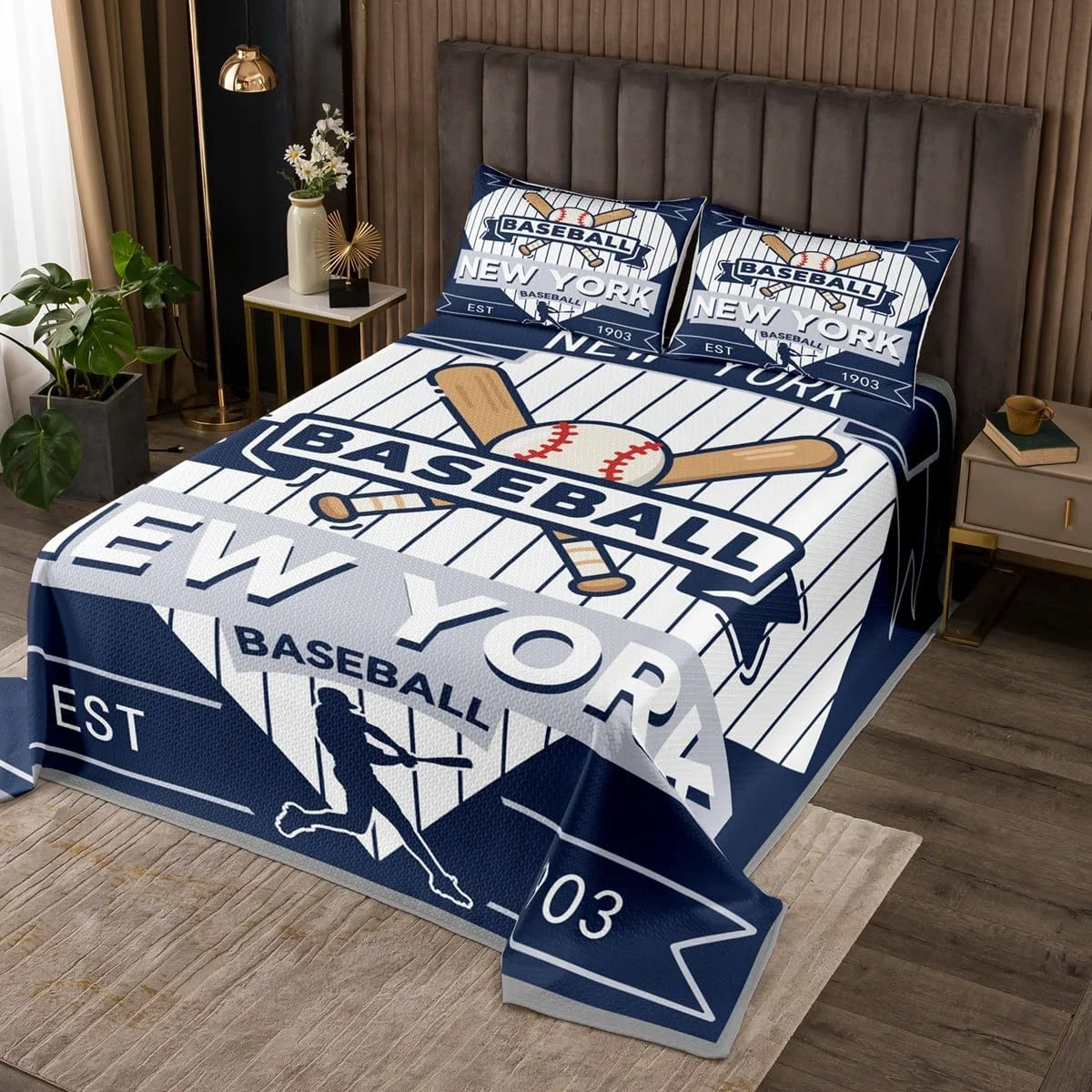 روتختی طرح بیسبال jejeloiu سایز کوئین، ست رو تختی نیویورک، رو تختی لحافی بیسبال سیتی مناسب تمام فصول به همراه 2 روبالشتی، میکروفایبر سبک وزن طرح بازی های ورزشی
