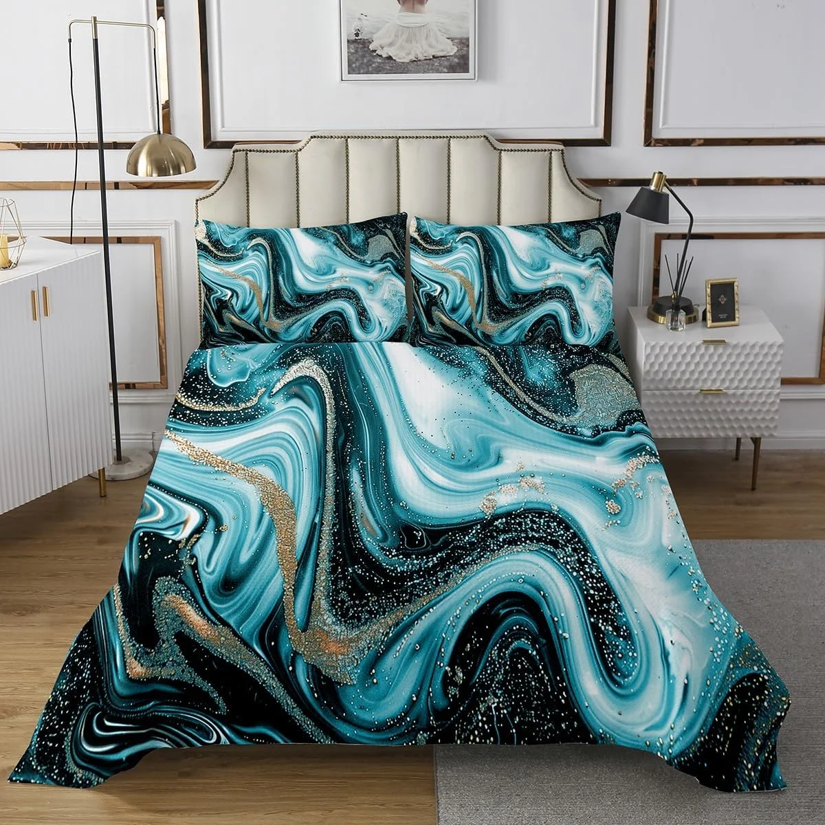 روتختی مرمری فیروزه ای jejeloiu، ست روتختی مدرن با طرح مرمر، سایز کینگ، طرح هنری آبرنگ قدیمی، روتختی لحافی با طرح چاپی بافت مرمر انتزاعی به همراه 2 روبالشتی