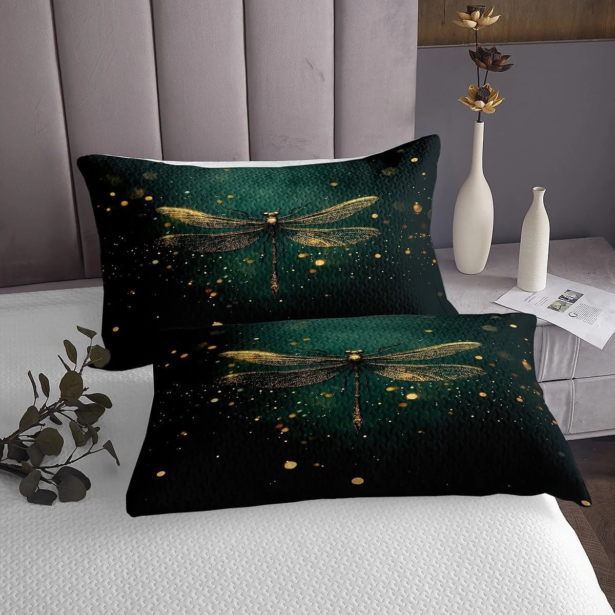 روتختی طرح سنجاقک jejeloiu سایز کینگ، هدیه برای زنان، ست روتختی برای کودکان، دختران، پسران، نوجوانان، روتختی لحافی طرح حیوانات، لحافی سبز طلایی با 2 روبالشتی