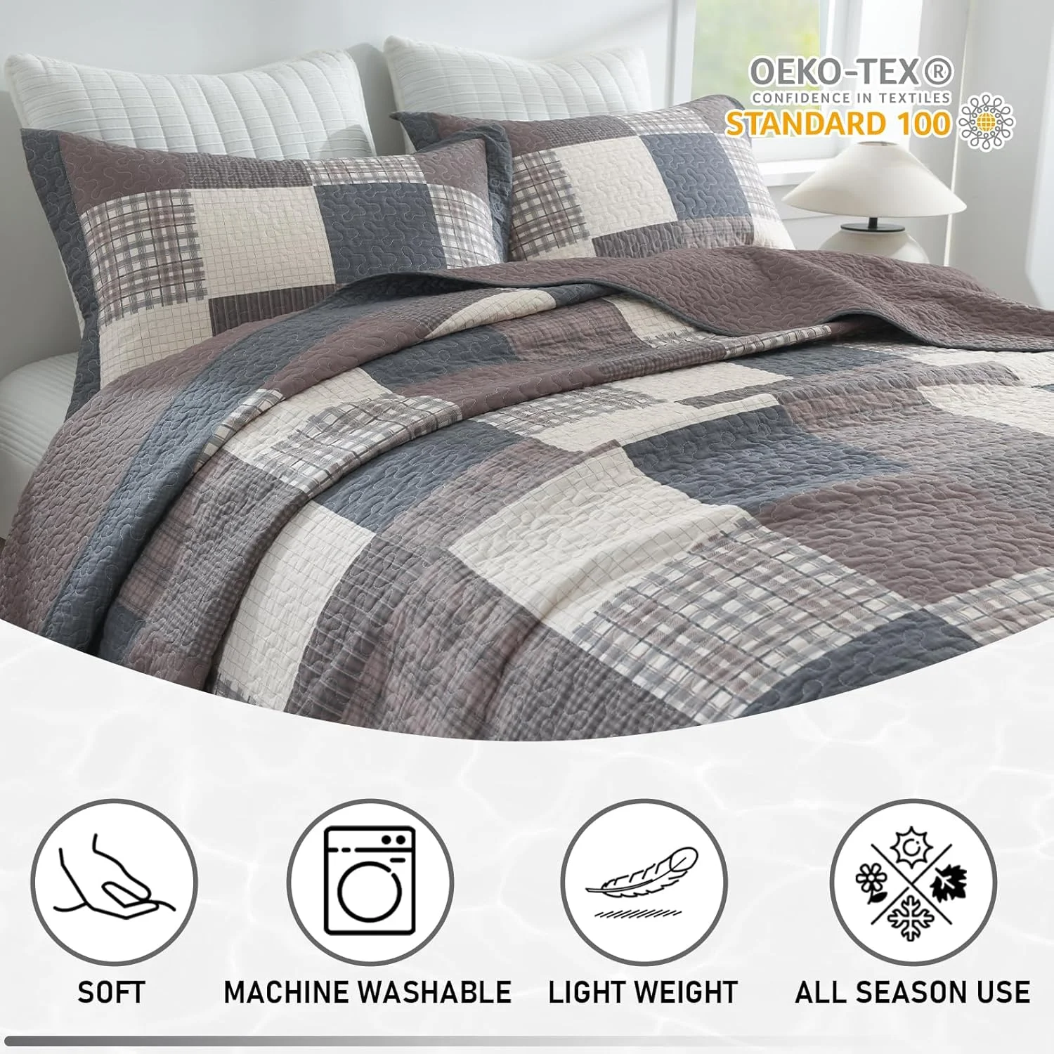 روتختی کینگ سایز طرح مزرعه KALOOLA - ست روتختی لحافی سبک وزن 100% پنبه ای 3 تکه، روتختی طرح چهارخانه کلبه ای با 2 روبالشی، رو تختی دو رو برای تمام فصول، خاکستری/قهوه ای/بژ