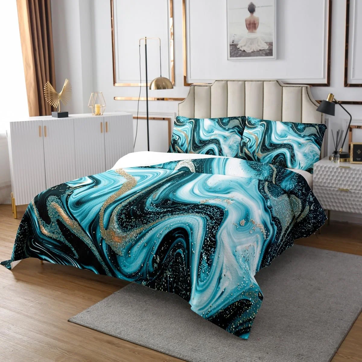 روتختی مرمری فیروزه ای jejeloiu، ست روتختی مدرن با طرح مرمر، سایز کینگ، طرح هنری آبرنگ قدیمی، روتختی لحافی با طرح چاپی بافت مرمر انتزاعی به همراه 2 روبالشتی