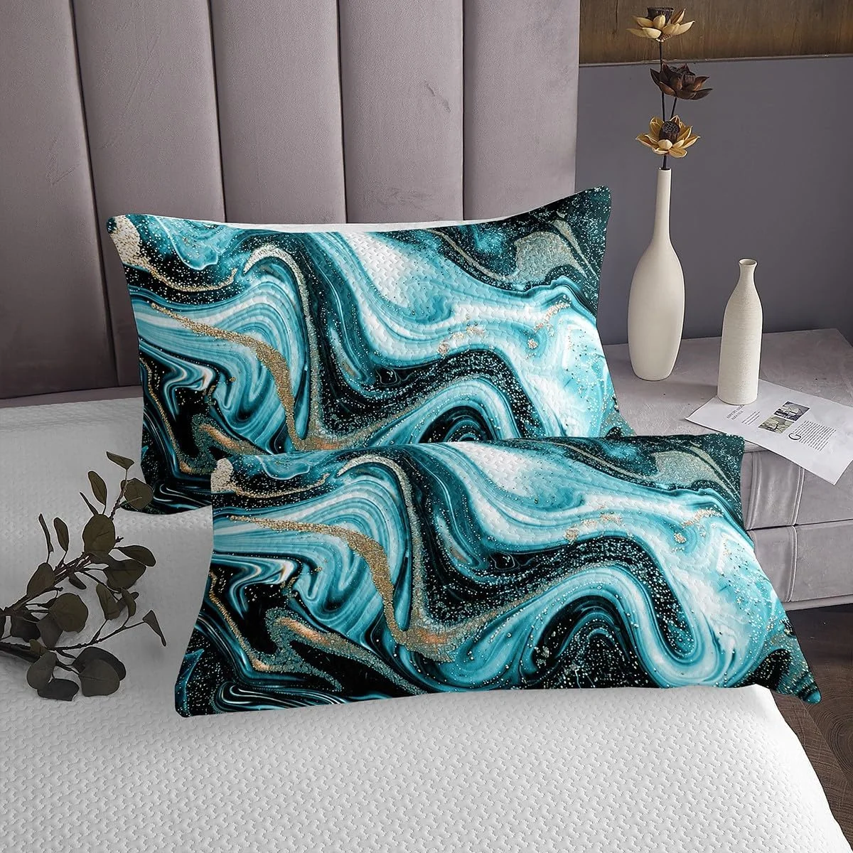 روتختی مرمری فیروزه ای jejeloiu، ست روتختی مدرن با طرح مرمر، سایز کینگ، طرح هنری آبرنگ قدیمی، روتختی لحافی با طرح چاپی بافت مرمر انتزاعی به همراه 2 روبالشتی