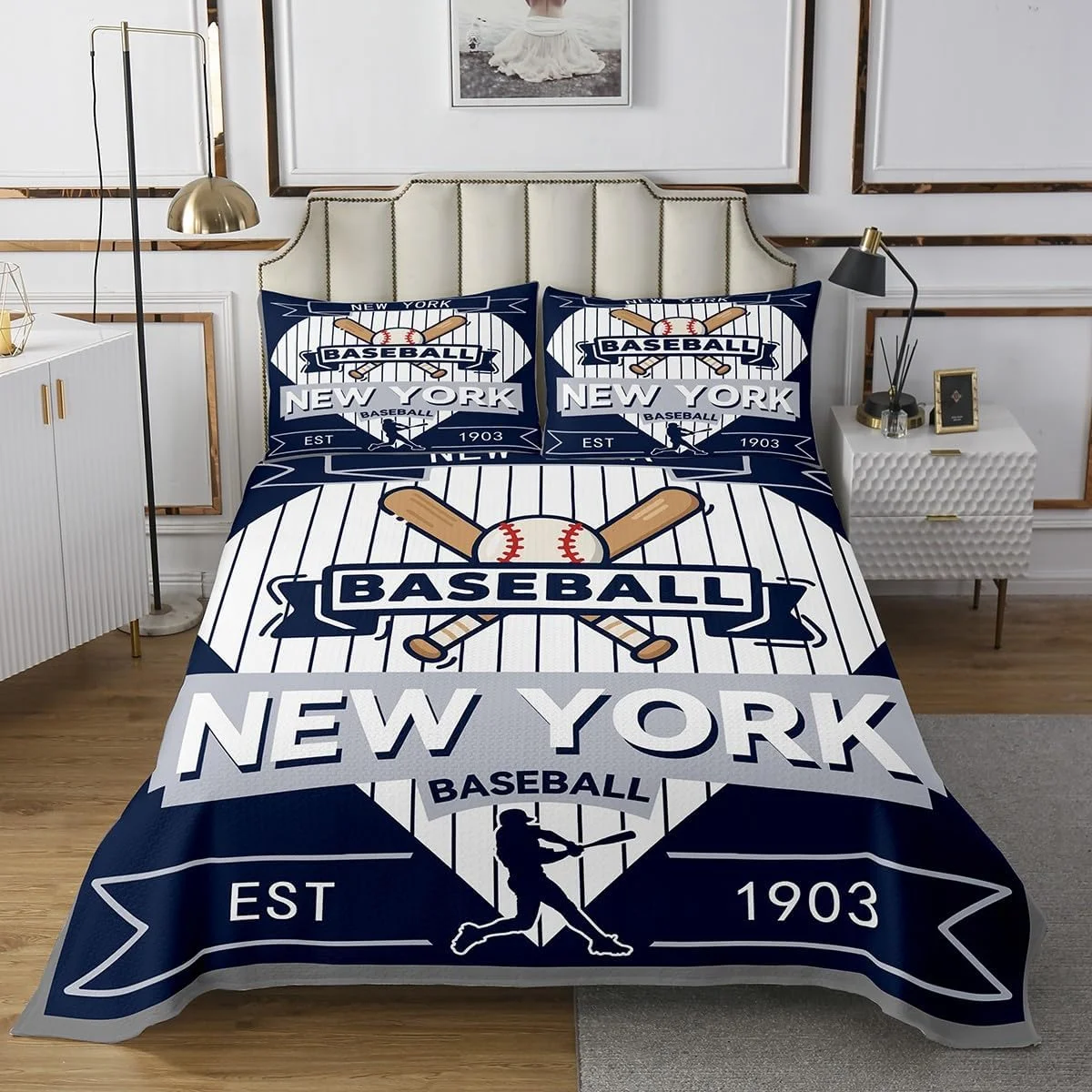 روتختی طرح بیسبال jejeloiu سایز کوئین، ست رو تختی نیویورک، رو تختی لحافی بیسبال سیتی مناسب تمام فصول به همراه 2 روبالشتی، میکروفایبر سبک وزن طرح بازی های ورزشی