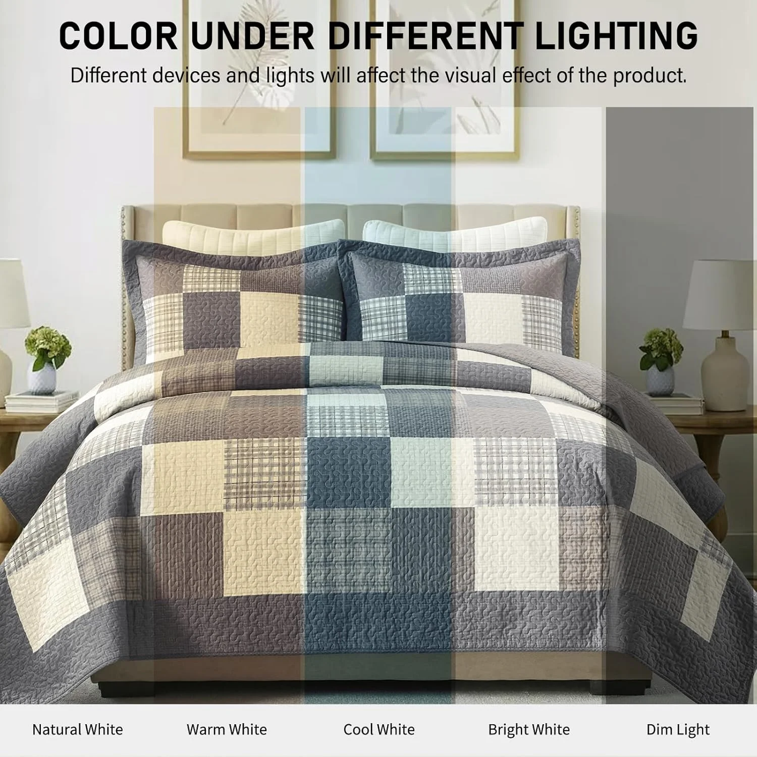 روتختی کینگ سایز طرح مزرعه KALOOLA - ست روتختی لحافی سبک وزن 100% پنبه ای 3 تکه، روتختی طرح چهارخانه کلبه ای با 2 روبالشی، رو تختی دو رو برای تمام فصول، خاکستری/قهوه ای/بژ