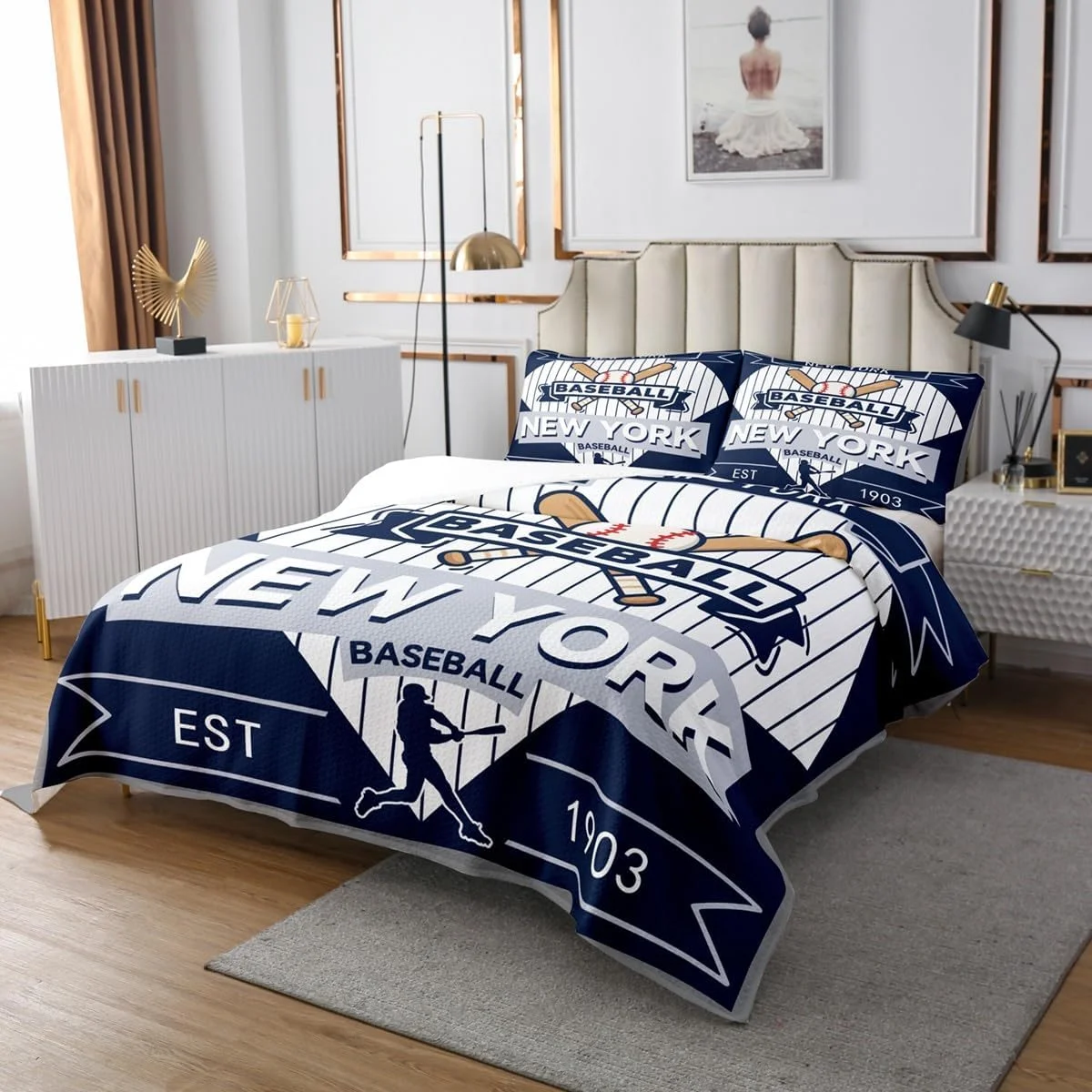 روتختی طرح بیسبال jejeloiu سایز کوئین، ست رو تختی نیویورک، رو تختی لحافی بیسبال سیتی مناسب تمام فصول به همراه 2 روبالشتی، میکروفایبر سبک وزن طرح بازی های ورزشی