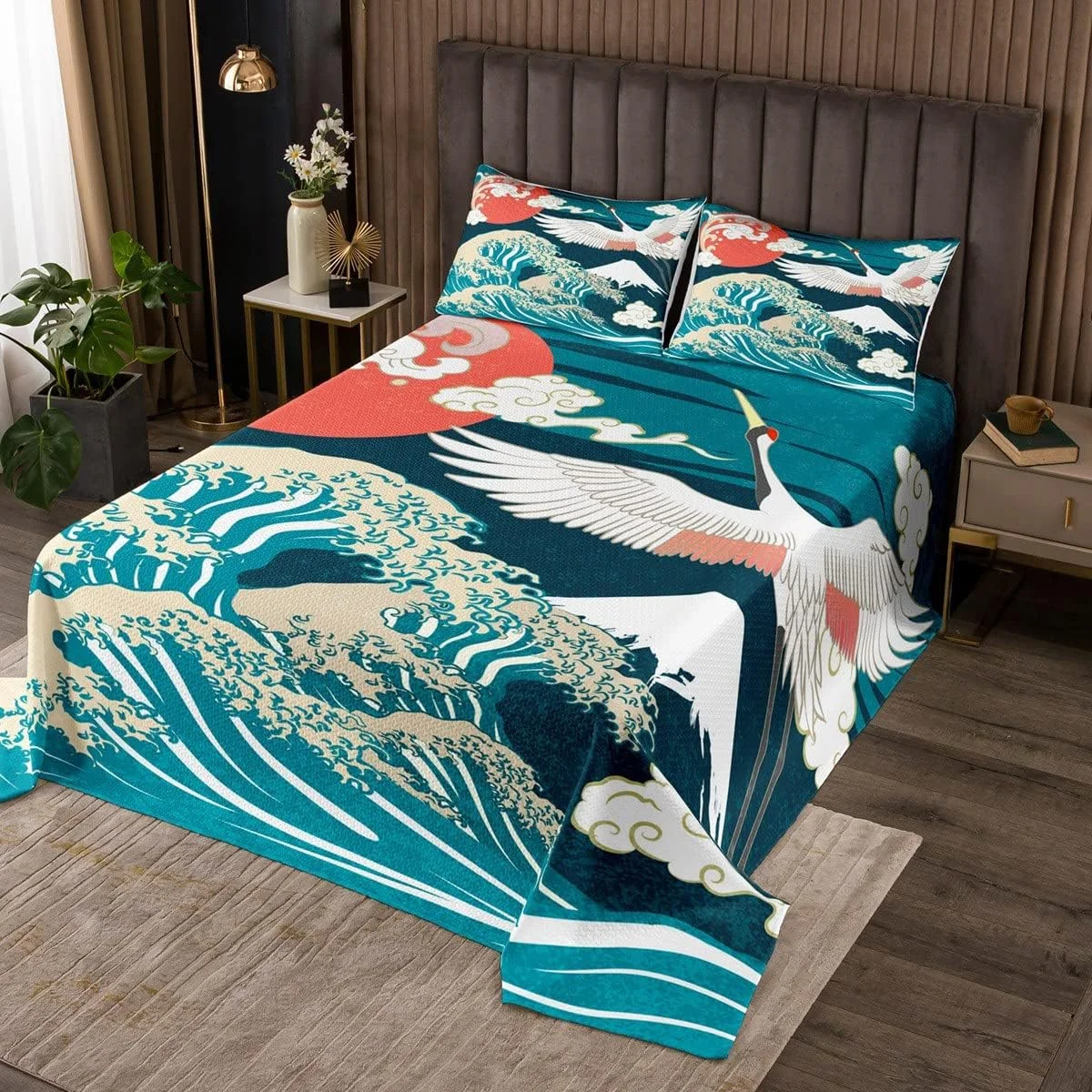 ست رو تختی طرح اوکییوئه ژاپنی، طرح موج، کوه فوجی و درنا هوکوسای، مناسب برای پسران و دختران، سایز دو نفره