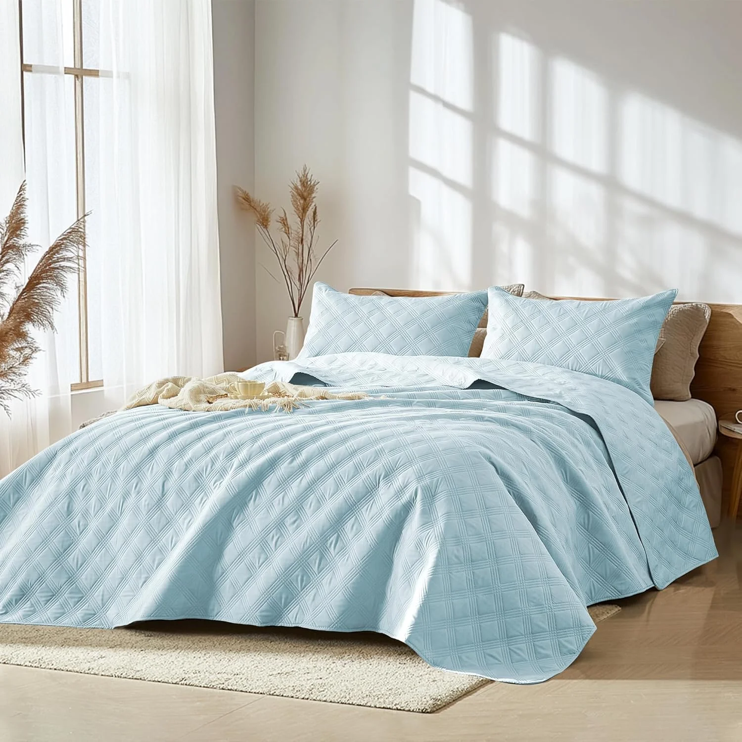 ست لحاف یک نفره Inron، رو تختی های اولتراسونیک میکروفیبر آبی آسمانی، رو تختی سبک و قابل تنفس، ست روتختی نازک با طرح هندسی مدرن برای تمام فصول (1 لحاف، 1 رو بالشتی)