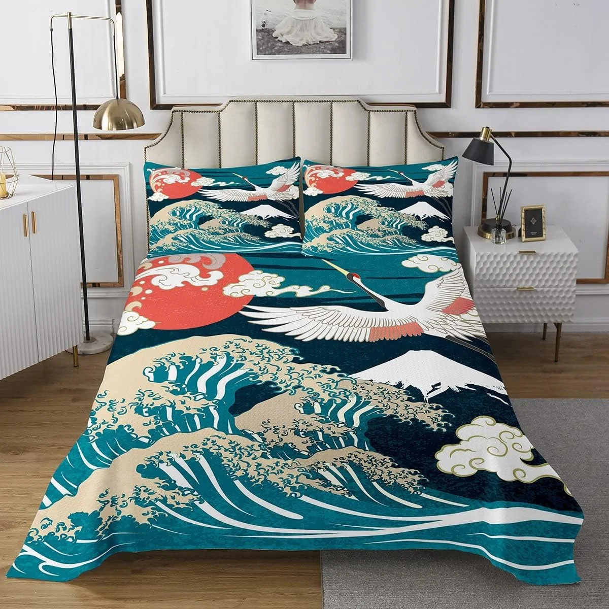 ست رو تختی طرح اوکییوئه ژاپنی، طرح موج، کوه فوجی و درنا هوکوسای، مناسب برای پسران و دختران، سایز دو نفره