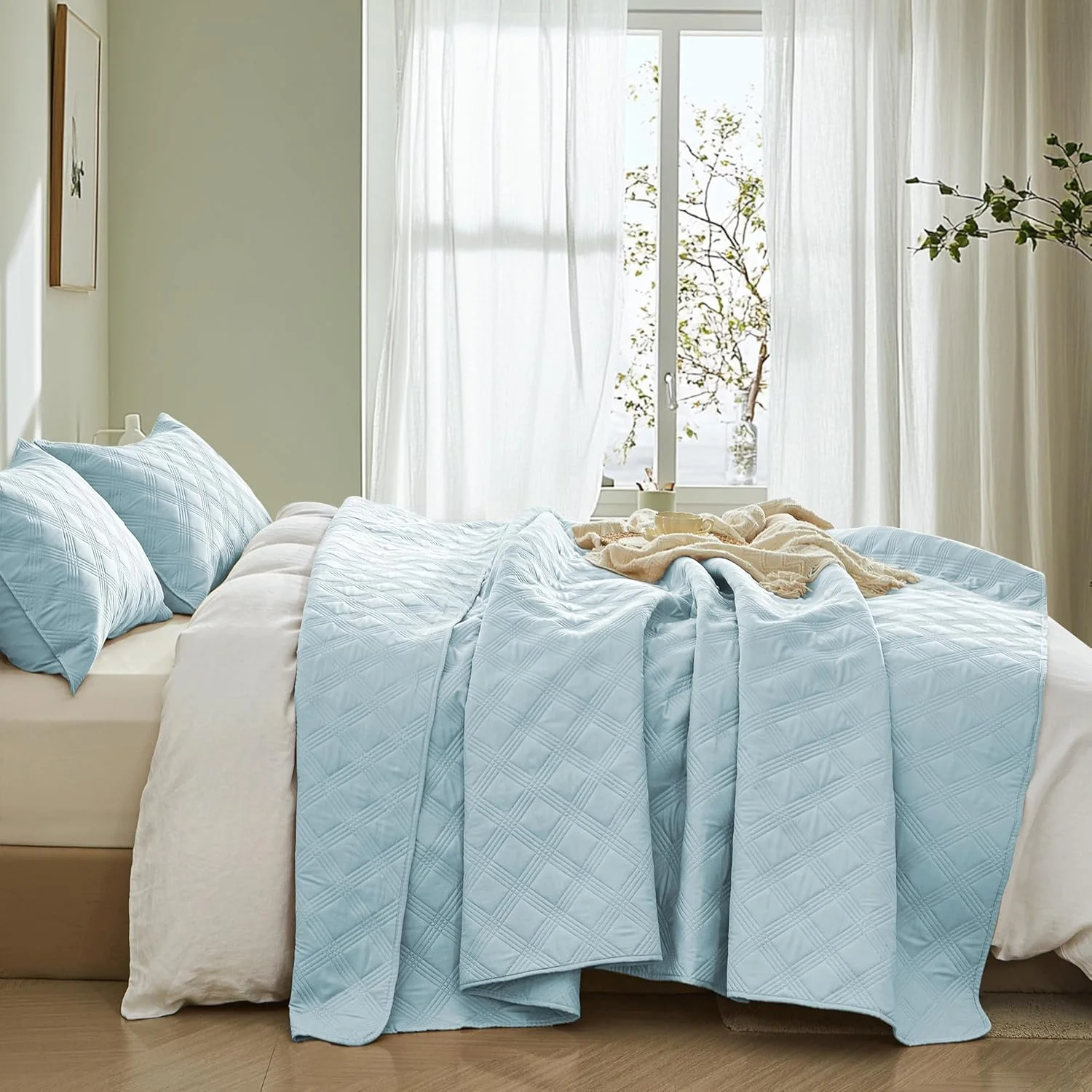 ست لحاف یک نفره Inron، رو تختی های اولتراسونیک میکروفیبر آبی آسمانی، رو تختی سبک و قابل تنفس، ست روتختی نازک با طرح هندسی مدرن برای تمام فصول (1 لحاف، 1 رو بالشتی)