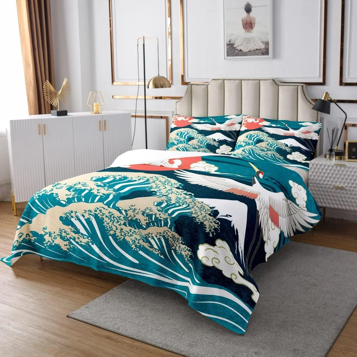 ست رو تختی طرح اوکییوئه ژاپنی، طرح موج، کوه فوجی و درنا هوکوسای، مناسب برای پسران و دختران، سایز دو نفره