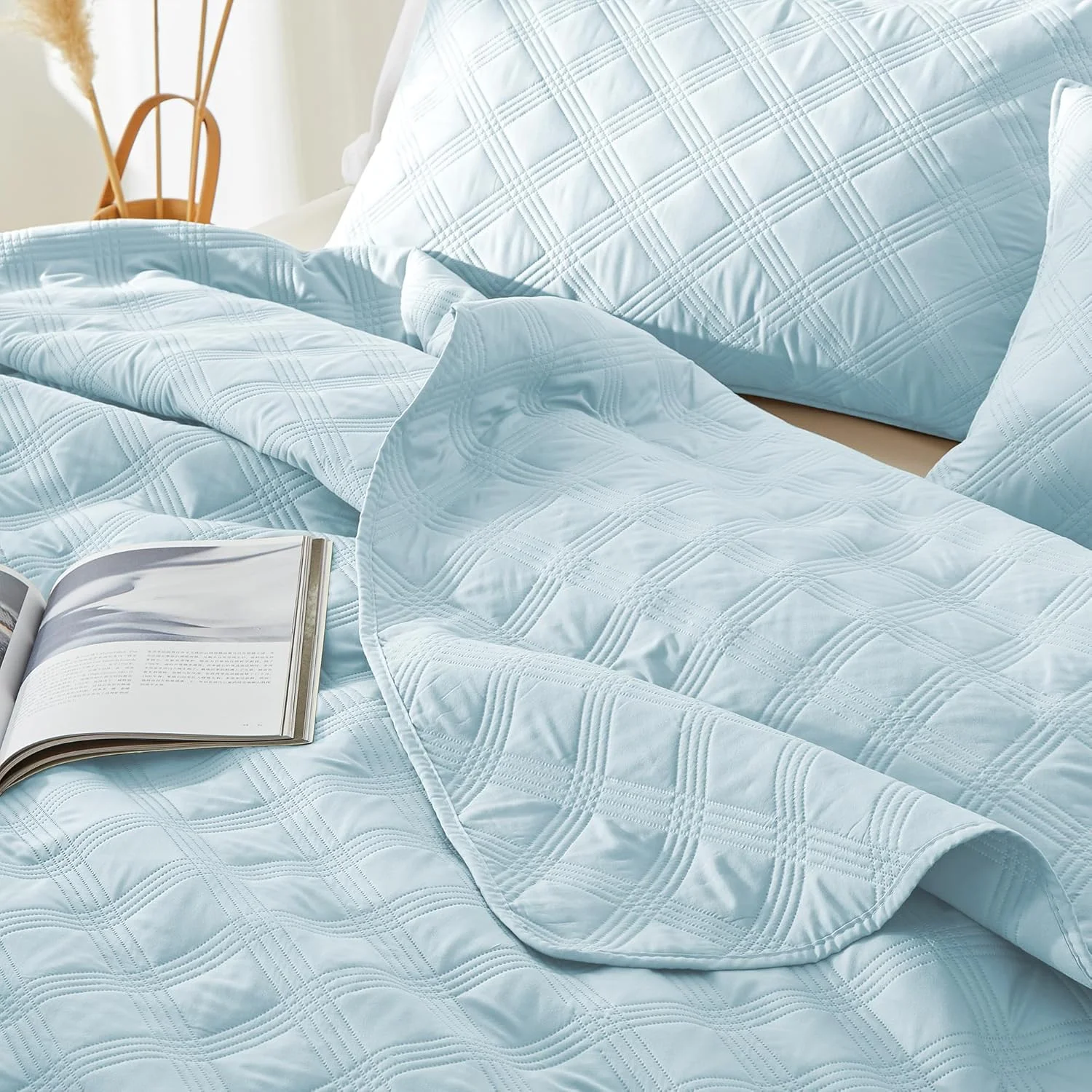 ست لحاف یک نفره Inron، رو تختی های اولتراسونیک میکروفیبر آبی آسمانی، رو تختی سبک و قابل تنفس، ست روتختی نازک با طرح هندسی مدرن برای تمام فصول (1 لحاف، 1 رو بالشتی)