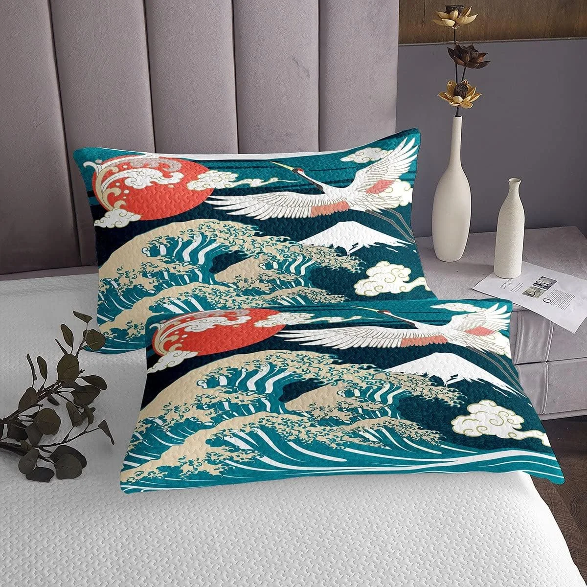 ست رو تختی طرح اوکییوئه ژاپنی، طرح موج، کوه فوجی و درنا هوکوسای، مناسب برای پسران و دختران، سایز دو نفره