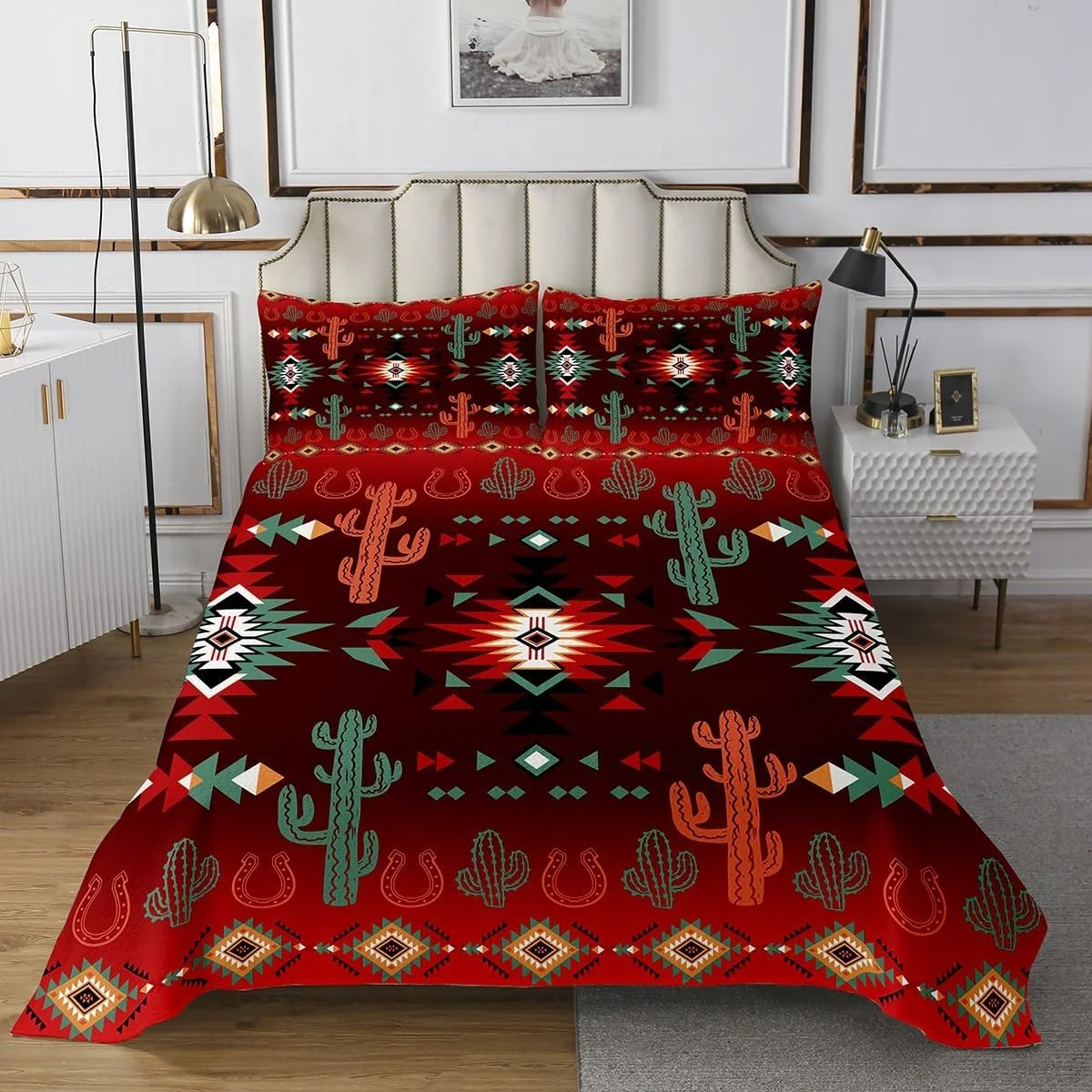 روتختی طرح هندسی آزتک سایز کینگ، ست روتختی طرح کاکتوس و نعل اسب کابوی وسترن، دکور اتاق پسرانه دخترانه، روتختی لحافی طرح کلبه قبیله ای جنوب غربی، لحاف روتختی طرح مزرعه قدیمی، 2 روبالشتی