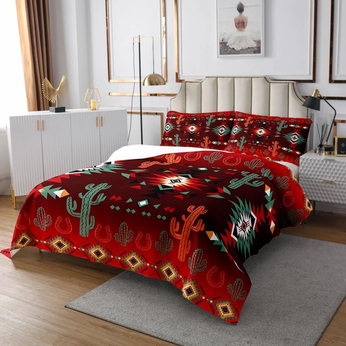 روتختی طرح هندسی آزتک سایز کینگ، ست روتختی طرح کاکتوس و نعل اسب کابوی وسترن، دکور اتاق پسرانه دخترانه، روتختی لحافی طرح کلبه قبیله ای جنوب غربی، لحاف روتختی طرح مزرعه قدیمی، 2 روبالشتی