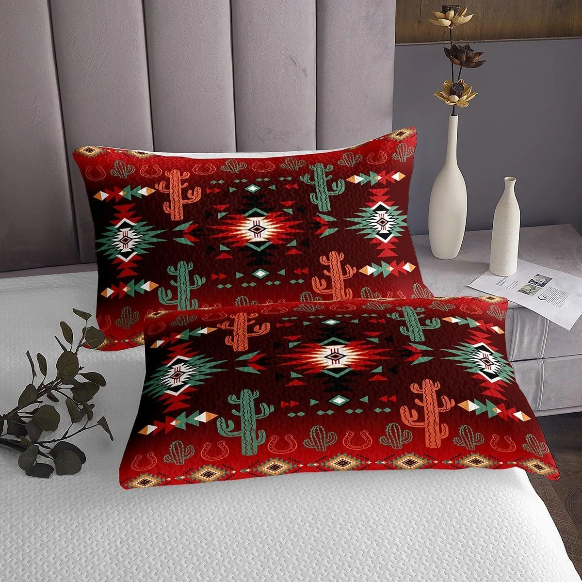 روتختی طرح هندسی آزتک سایز کینگ، ست روتختی طرح کاکتوس و نعل اسب کابوی وسترن، دکور اتاق پسرانه دخترانه، روتختی لحافی طرح کلبه قبیله ای جنوب غربی، لحاف روتختی طرح مزرعه قدیمی، 2 روبالشتی