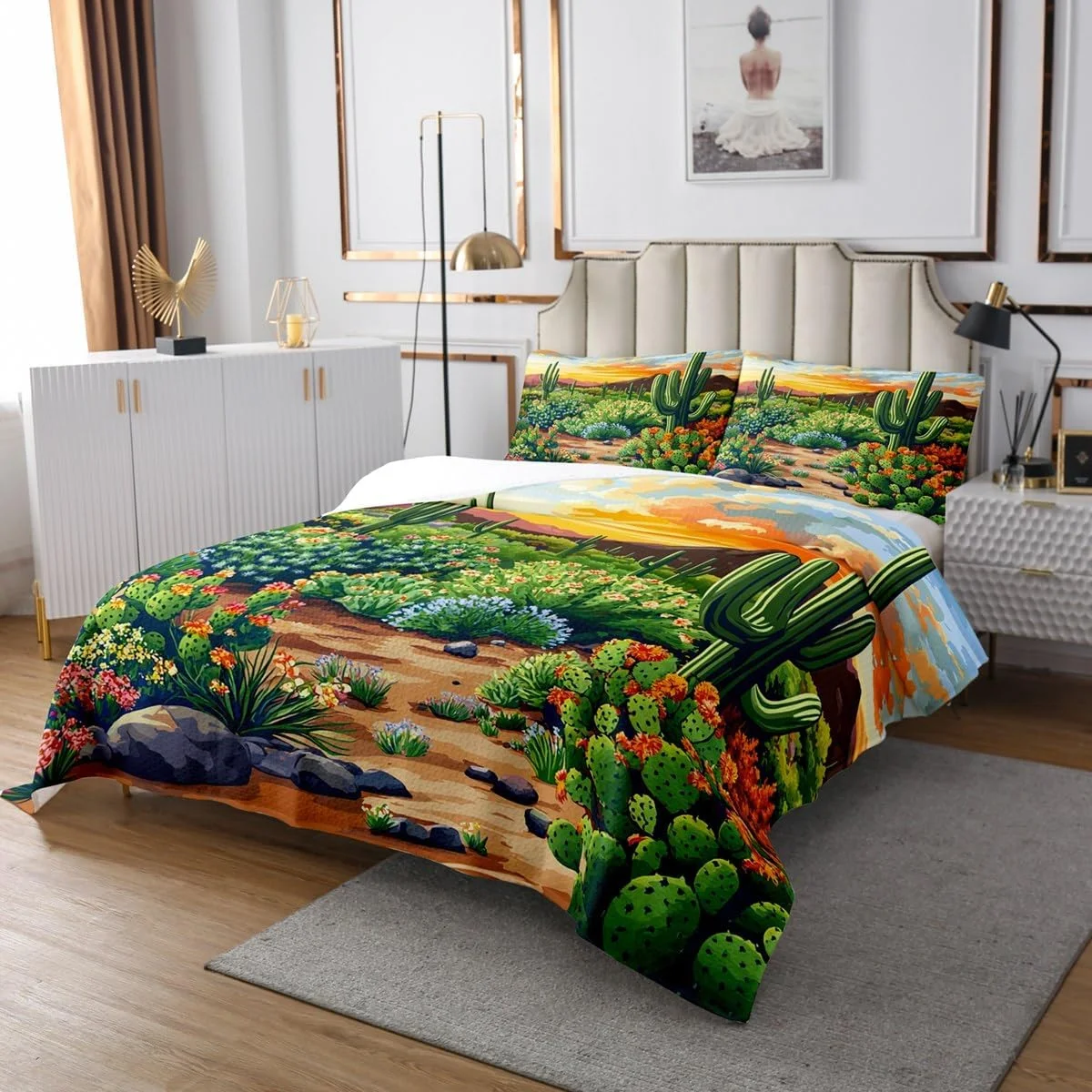 ست روتختی طرح کاکتوس وسترن jejeloiu، روتختی بوهمی با طرح گیاهان گوشتی، روتختی لحافی گیاهی برای دکور اتاق مردانه و زنانه، لحاف سایز کینگ با طرح گیاهان سبز به همراه 2 روبالشتی