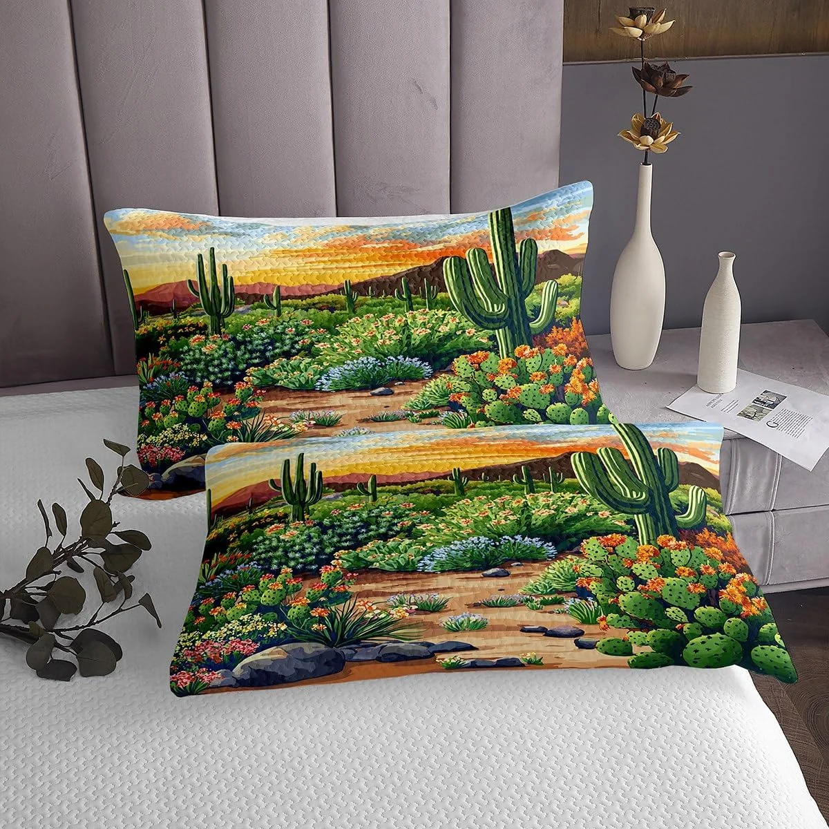 ست روتختی طرح کاکتوس وسترن jejeloiu، روتختی بوهمی با طرح گیاهان گوشتی، روتختی لحافی گیاهی برای دکور اتاق مردانه و زنانه، لحاف سایز کینگ با طرح گیاهان سبز به همراه 2 روبالشتی