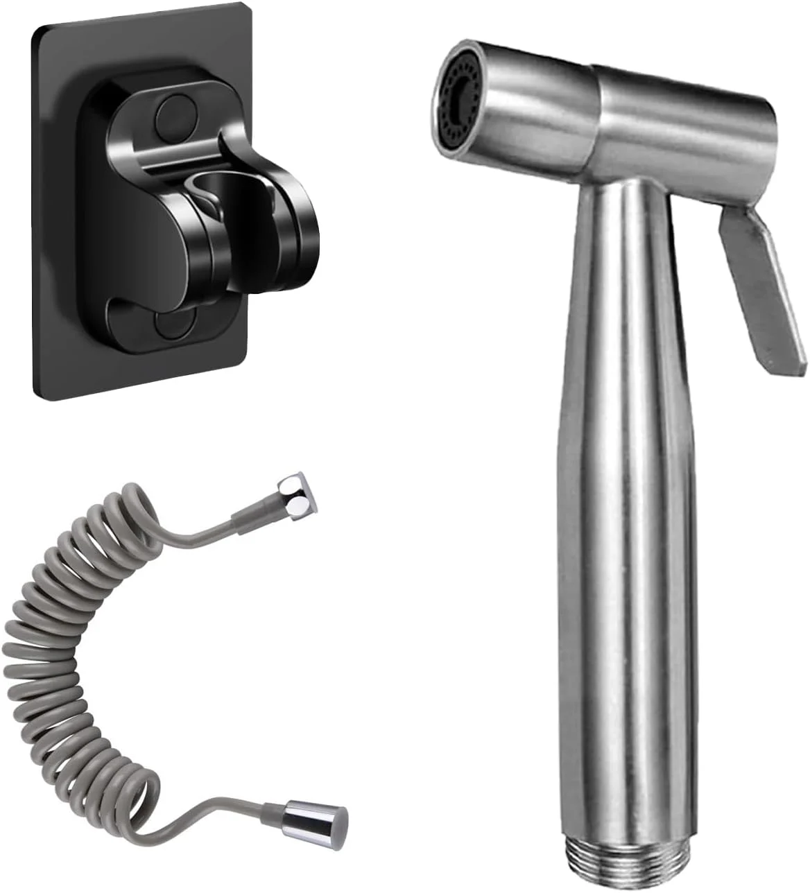 ست شلنگ توالت (شلنگ استیل ضد زنگ + پایه مشکی بدون سوراخ + شلنگ 1.5 متری)، یک راه حل تمیز کننده چند منظوره مناسب برای استفاده خانوادگی