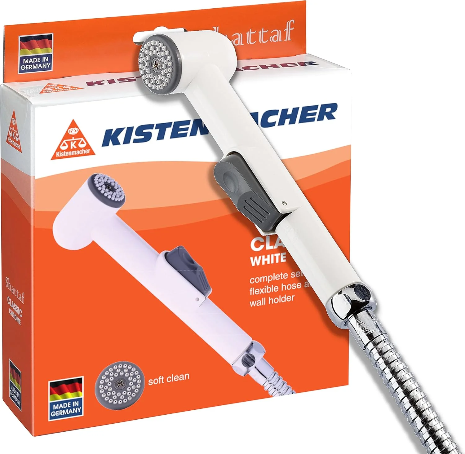 اسپری توالت شطاف کلاسیک KISTENMACHER، رنگ سفید، ست کامل با دسته بیده، شلنگ انعطاف پذیر 100 سانتی متری و نگهدارنده دیواری اسپری توالت شطاف کلاسیک KISTENMACHER، رنگ سفید، ست کامل با دسته بیده، شلنگ انعطاف پذیر 100 سانتی متری و نگهدارنده دیواری