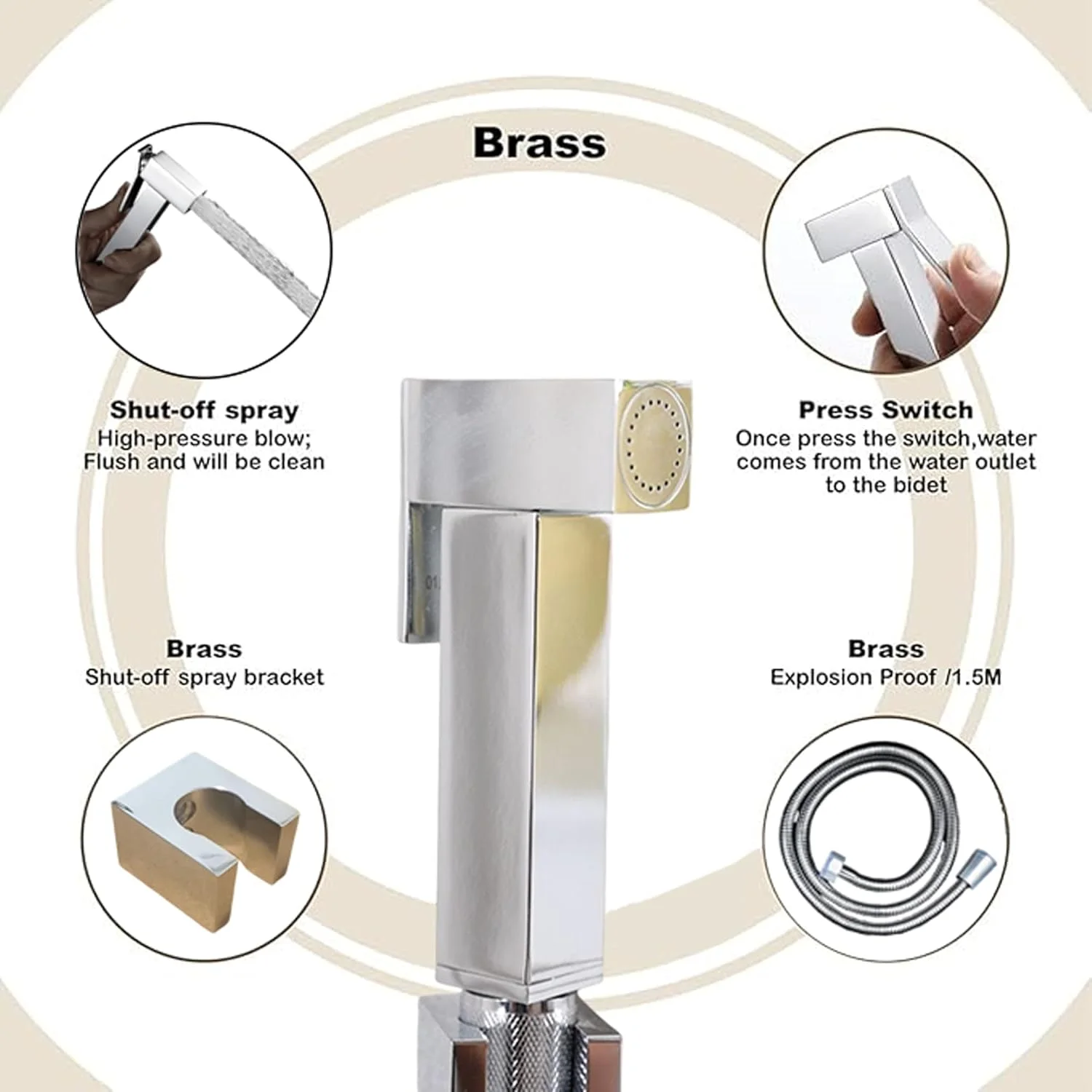 ست اسپری بیده دستی کروم برنجی ممتاز AZTON_S-IT-3900 – شلنگ استیل ضد زنگ 47 اینچی، شطاف دیواری برای توالت، واشر بهداشت شخصی – ضد نشت و نصب آسان