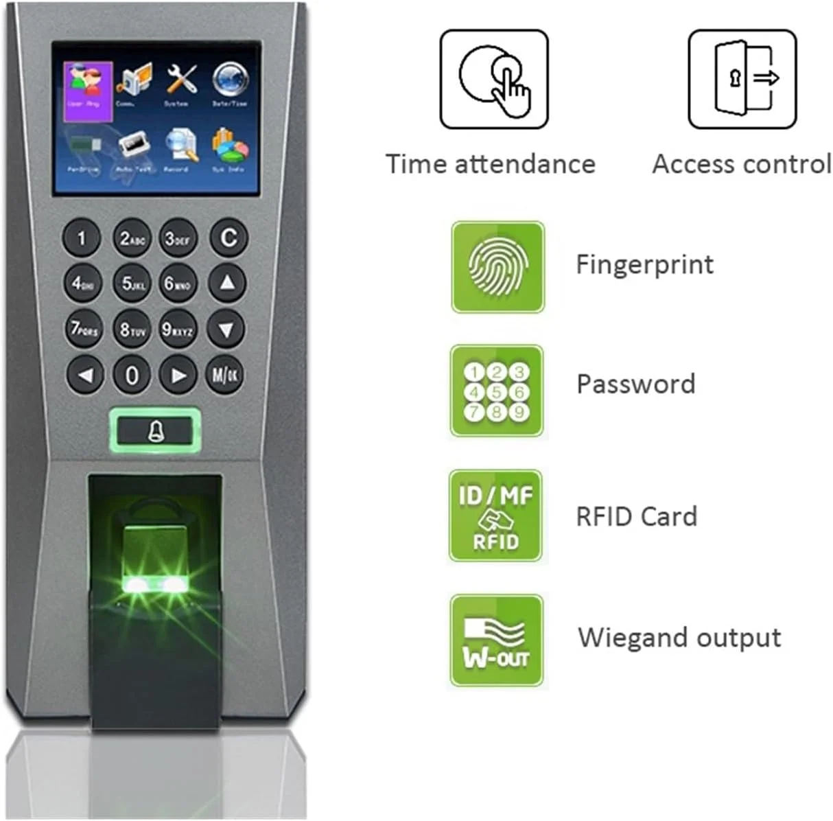 دستگاه حضور و غیاب اثر انگشتی CQMjzwh مدل F18 WIFI USB TCP/IP، سیستم کنترل دسترسی و شناسایی بیومتریک با قفل برقی و عملکرد پانچ اتوماتیک ورود و خروج، کاربری آسان (F18-wifi-id)