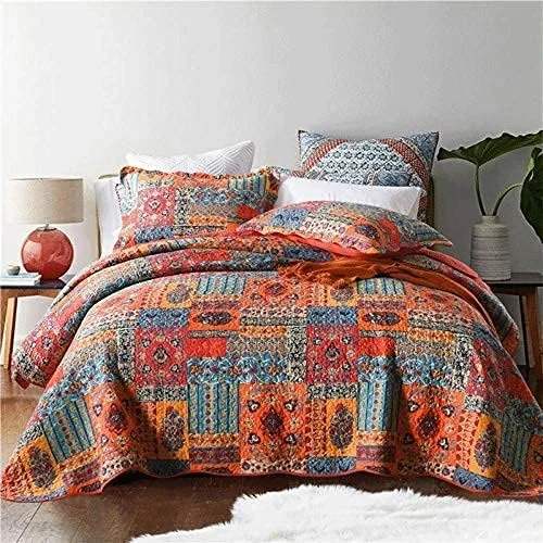 رو تختی پنبه ای بوهمی گارکان، روتختی دو نفره چند منظوره، لحاف سه تکه، لحاف تکه دوزی شده گلدوزی شده درجه یک، رو تختی تزئینی سایز کینگ (230x250 سانتی متر) و 2 عدد روبالشی (50x70 سانتی متر)