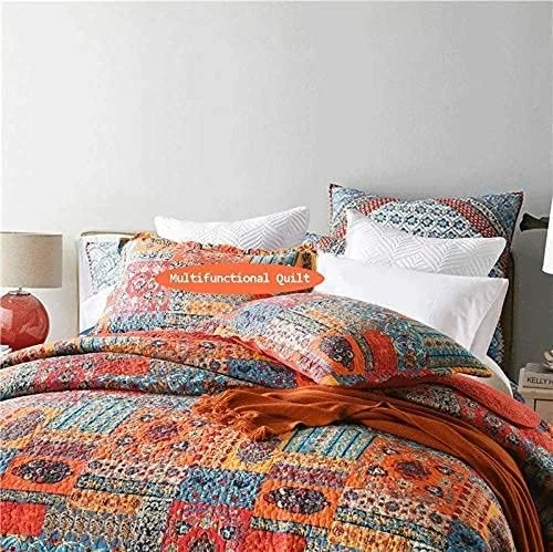 رو تختی پنبه ای بوهمی گارکان، روتختی دو نفره چند منظوره، لحاف سه تکه، لحاف تکه دوزی شده گلدوزی شده درجه یک، رو تختی تزئینی سایز کینگ (230x250 سانتی متر) و 2 عدد روبالشی (50x70 سانتی متر)