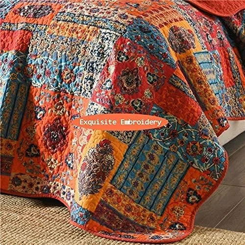 رو تختی پنبه ای بوهمی گارکان، روتختی دو نفره چند منظوره، لحاف سه تکه، لحاف تکه دوزی شده گلدوزی شده درجه یک، رو تختی تزئینی سایز کینگ (230x250 سانتی متر) و 2 عدد روبالشی (50x70 سانتی متر)