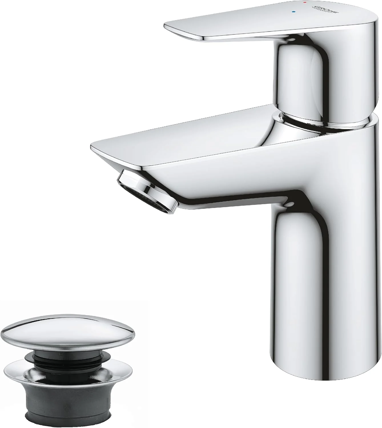شیر روشویی اهرمی GROHE QUICKFIX Start Edge با تخلیه اتوماتیک (اهرم فلزی، کارتریج سرامیکی 28 میلی متری، صرفه جویی در انرژی و آب، شلنگ های 3/8 اینچ)، سایز 147 میلی متر، کروم، 23900001