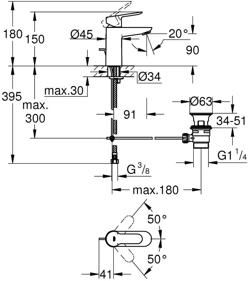 شیر روشویی گروهه BauEdge سایز S، سایز 1/2 اینچ | دارای تخلیه پلاستیکی بالاجهنده 1 1/4 اینچ | صرفه جویی در آب | نصب آسان | کروم | 23328000