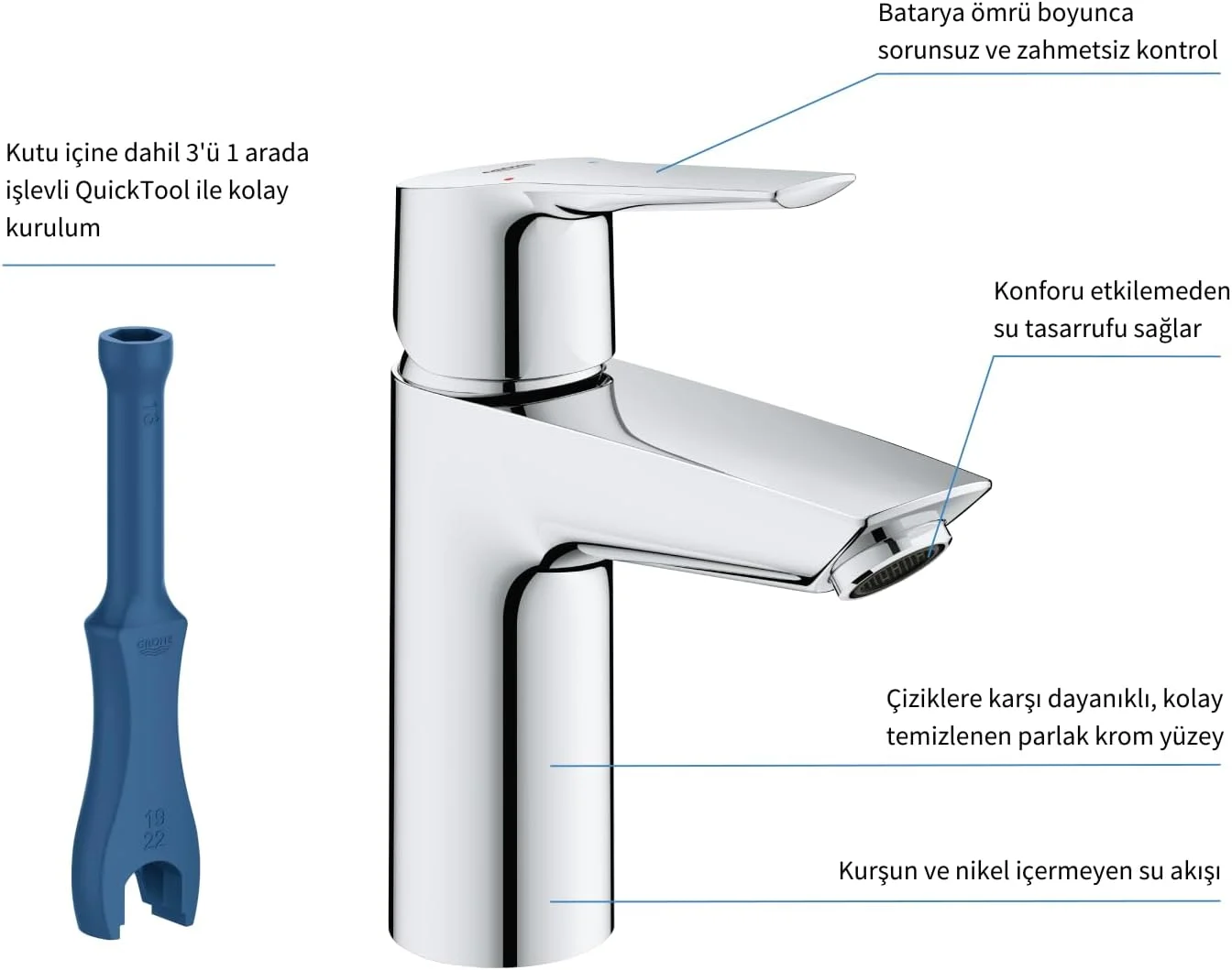 شیر روشویی پایه بلند GROHE QUICKFIX Start با تخلیه اتوماتیک (سایز 165 میلی متر، کارتریج سرامیکی 28 میلی متر، فناوری صرفه جویی در آب)، ابزار 3 در 1، شلنگ 3/8 اینچ، کروم، 23550002 شیر روشویی پایه بلند GROHE QUICKFIX Start با تخلیه اتوماتیک (سایز 165 میلی متر، کارتریج سرامیکی 28 میلی متر، فناوری صرفه جویی در آب)، ابزار 3 در 1، شلنگ 3/8 اینچ، کروم، 23550002