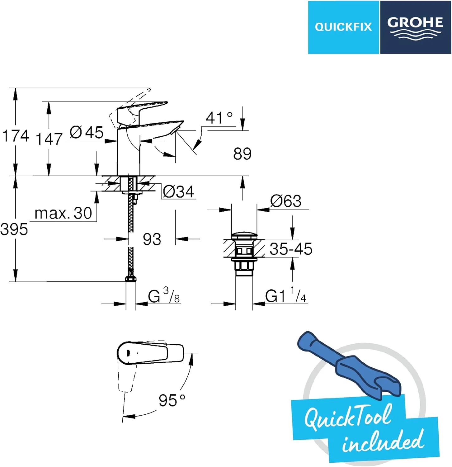 شیر روشویی اهرمی GROHE QUICKFIX Start Edge با تخلیه اتوماتیک (اهرم فلزی، کارتریج سرامیکی 28 میلی متری، صرفه جویی در انرژی و آب، شلنگ های 3/8 اینچ)، سایز 147 میلی متر، کروم، 23900001 شیر روشویی اهرمی GROHE QUICKFIX Start Edge با تخلیه اتوماتیک (اهرم فلزی، کارتریج سرامیکی 28 میلی متری، صرفه جویی در انرژی و آب، شلنگ های 3/8 اینچ)، سایز 147 میلی متر، کروم، 23900001