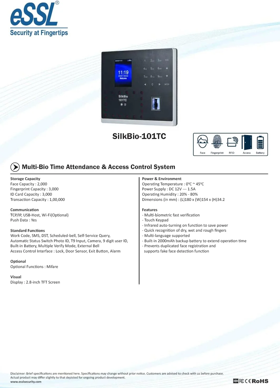 سیستم بیومتریک حضور و غیاب و کنترل دسترسی ناوکار سیستمز مدل ESSL SilkBio-101TC با قابلیت تشخیص چهره، اثر انگشت، کارت و رمز