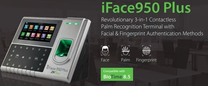 دستگاه حضور و غیاب و کنترل دسترسی چند بیومتریک ZKTeco مدل Iface950 Plus با صفحه نمایش لمسی 4.3 اینچی، TCP/IP، میزبان USB، WiFi (اختیاری)، 3G (اختیاری)