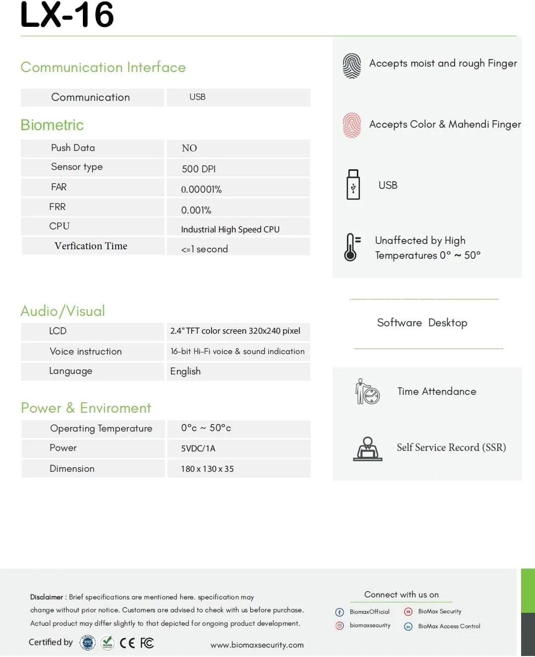 سیستم حضور و غیاب اثر انگشتی بیومتریک NAVKAR SYSTEMS JENSONIC A6/ Biomax LX16 با خروجی اکسل در فلش مموری USB