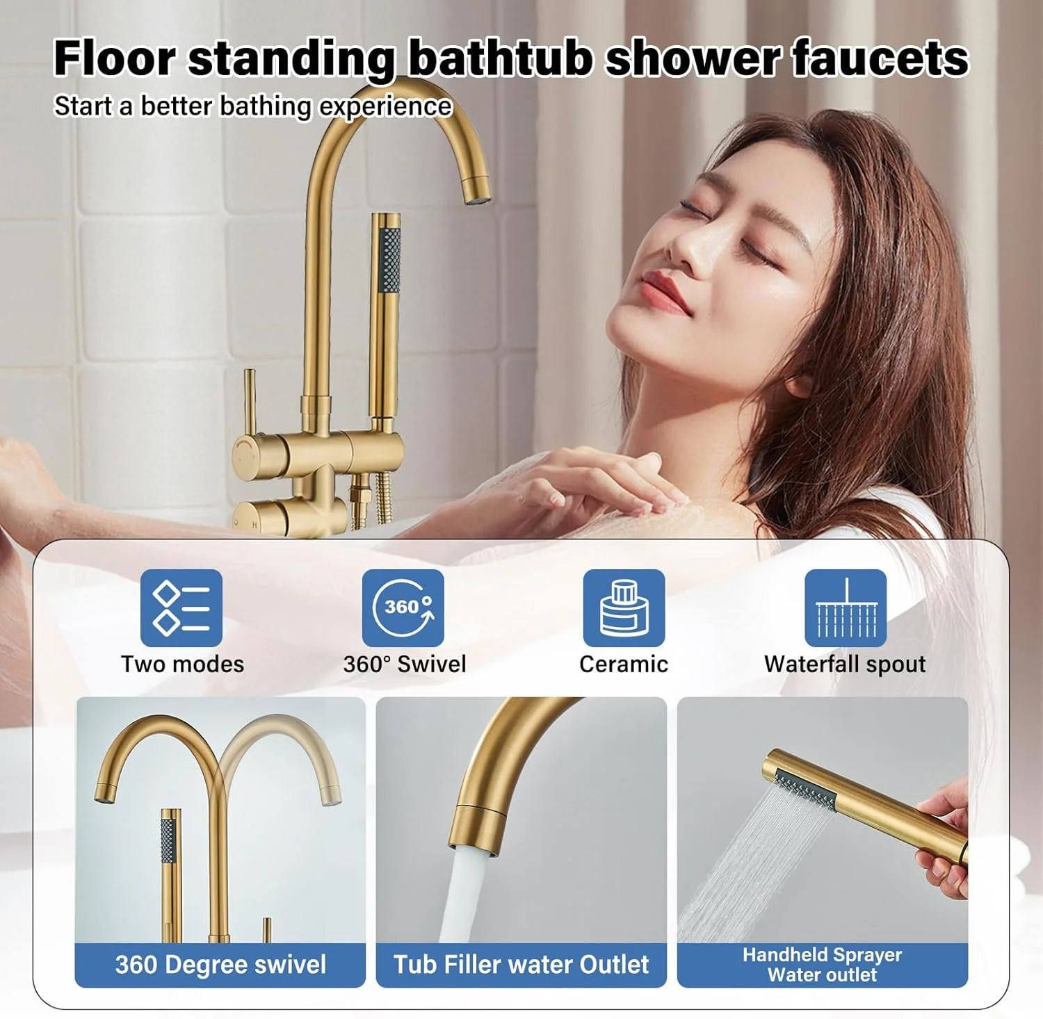 شیر وان حمام ایستاده پافیلی، ست شیرآلات ایستاده طلایی برس خورده نصب شده روی زمین با دوش دستی، شیر حمام با جریان بالا، سر دوش برای وان حمام، شیرآلات مخلوط برنجی آبشاری با خروجی چرخان