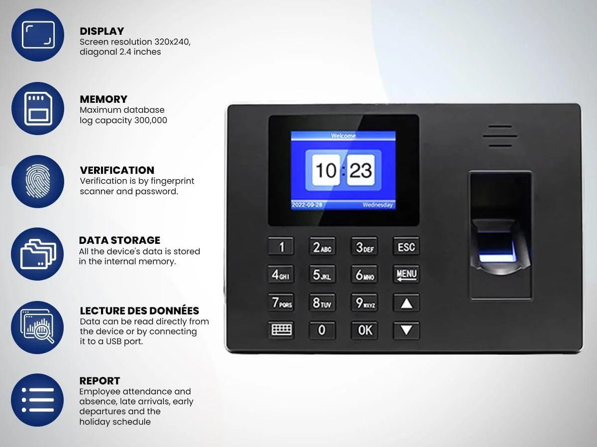 سیستم حضور و غیاب HDWR، تایید اثر انگشت بیومتریک و رمز عبور، ذخیره سازی داده با ظرفیت بالا، FTR06