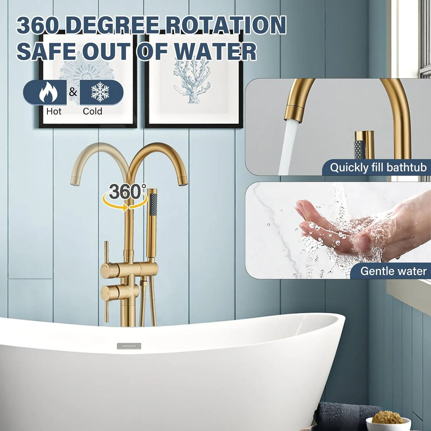 شیر وان حمام ایستاده پافیلی، ست شیرآلات ایستاده طلایی برس خورده نصب شده روی زمین با دوش دستی، شیر حمام با جریان بالا، سر دوش برای وان حمام، شیرآلات مخلوط برنجی آبشاری با خروجی چرخان