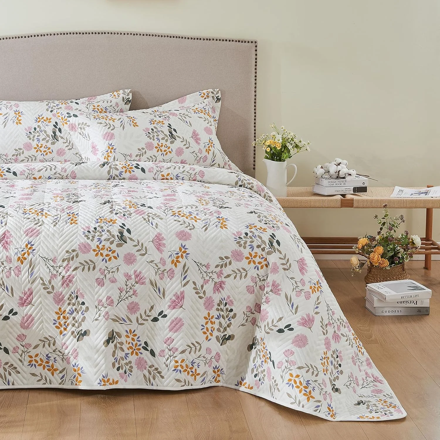 ست لحاف پنبه ارگانیک 100% با طرح گلدار لوکس Kingrest، سایز یک نفره، رو تختی بزرگ و لحاف دوزی شده، به همراه 2 روبالشتی ست، مناسب برای تمام فصول - گلدار صورتی ست لحاف پنبه ارگانیک 100% با طرح گلدار لوکس Kingrest، سایز یک نفره، رو تختی بزرگ و لحاف دوزی شده، به همراه 2 روبالشتی ست، مناسب برای تمام فصول - گلدار صورتی