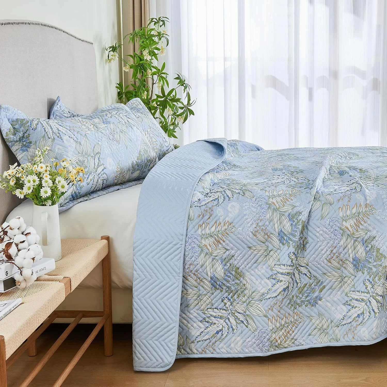 ست لحاف پنبه ارگانیک 100% طرح گلدار لوکس Kingrest سایز کوئین، رو تختی بزرگ و لحاف ست روتختی، با 2 روبالشی ست، مناسب تمام فصول - برگ های آبی