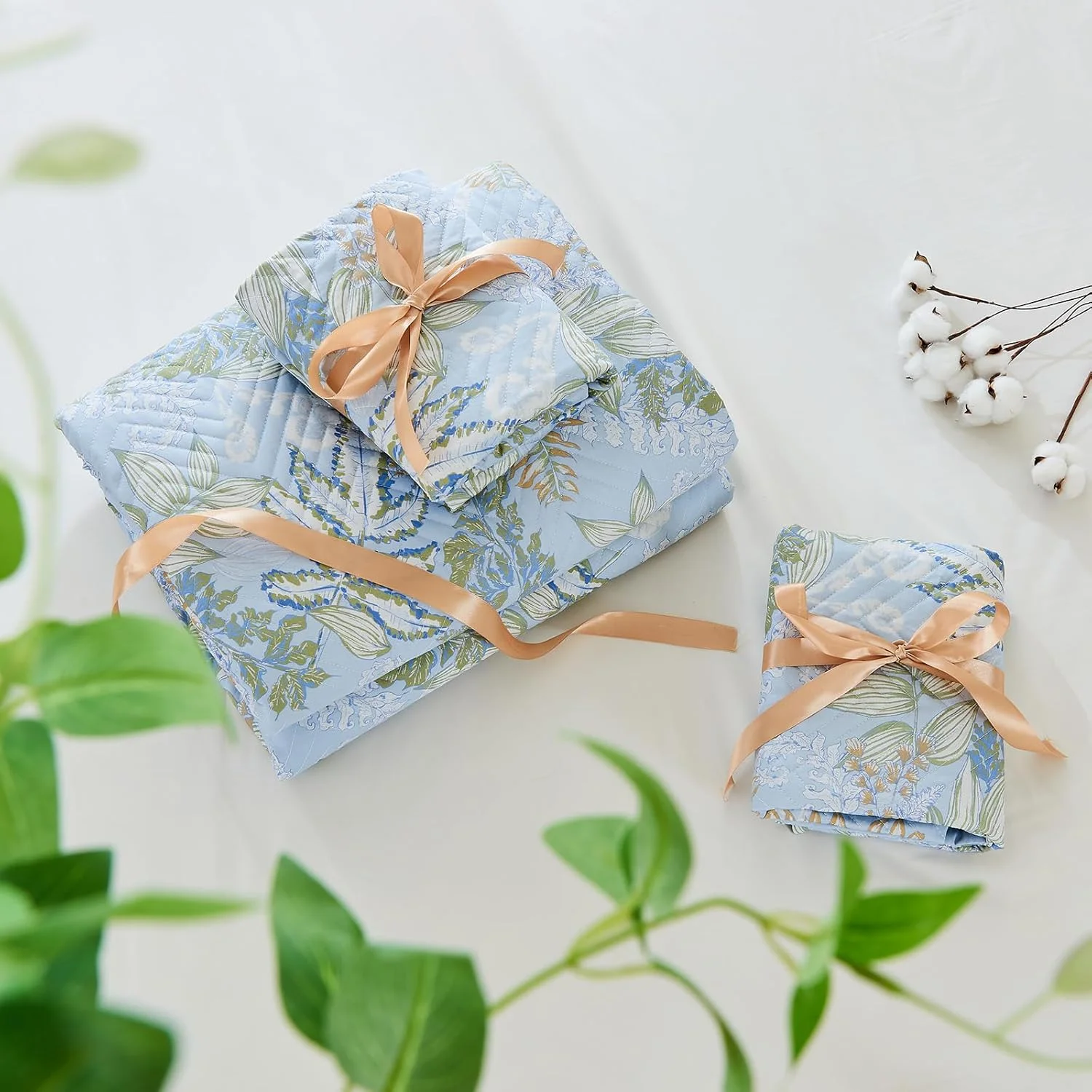 ست لحاف پنبه ارگانیک 100% طرح گلدار لوکس Kingrest سایز کوئین، رو تختی بزرگ و لحاف ست روتختی، با 2 روبالشی ست، مناسب تمام فصول - برگ های آبی