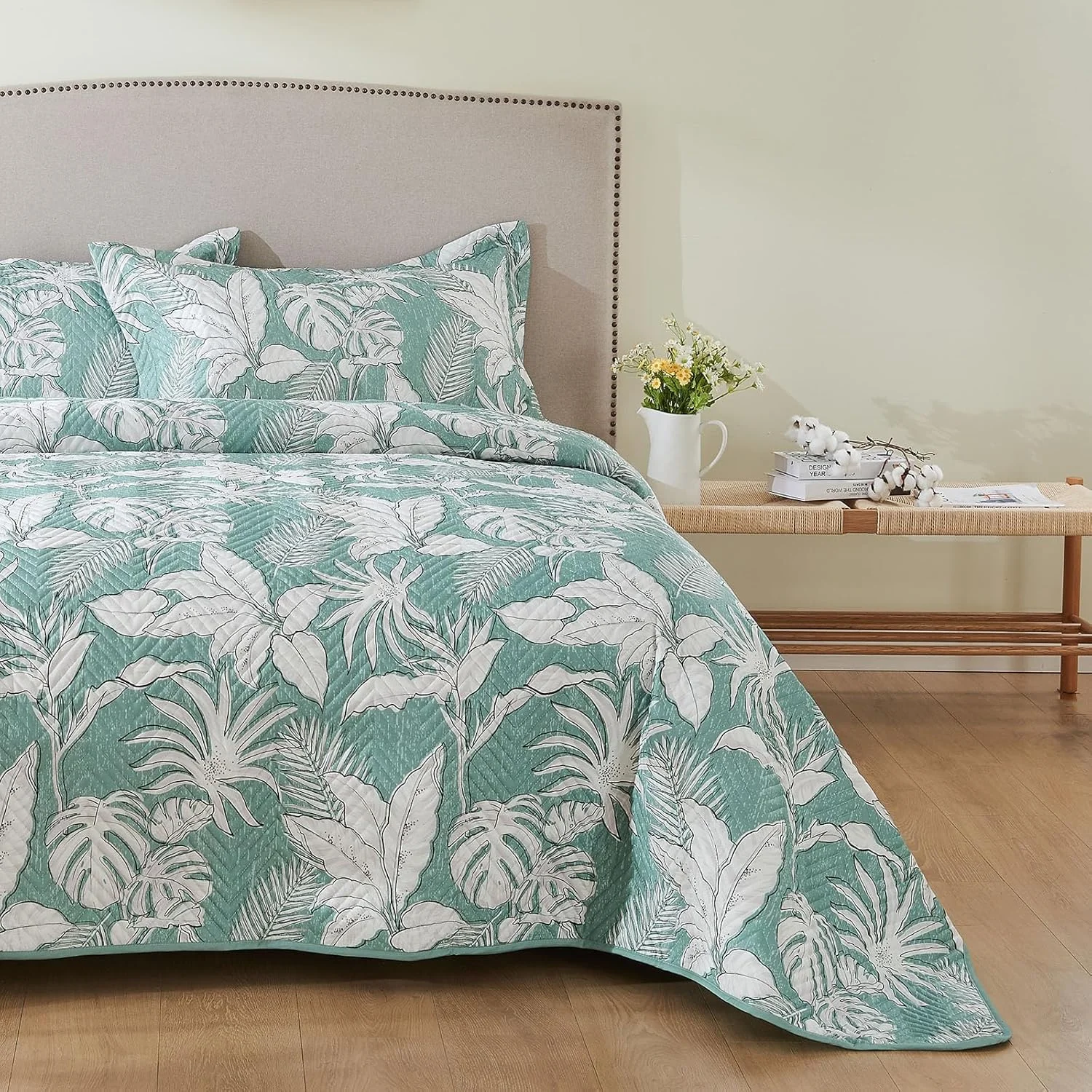 ست لحاف پنبه ارگانیک 100% طرح گلدار لوکس Kingrest سایز کوئین، رو تختی بزرگ و لحاف ست لحاف دوزی شده، با 2 روبالشی ست، مناسب تمام فصول - برگ های سبز ست لحاف پنبه ارگانیک 100% طرح گلدار لوکس Kingrest سایز کوئین، رو تختی بزرگ و لحاف ست لحاف دوزی شده، با 2 روبالشی ست، مناسب تمام فصول - برگ های سبز