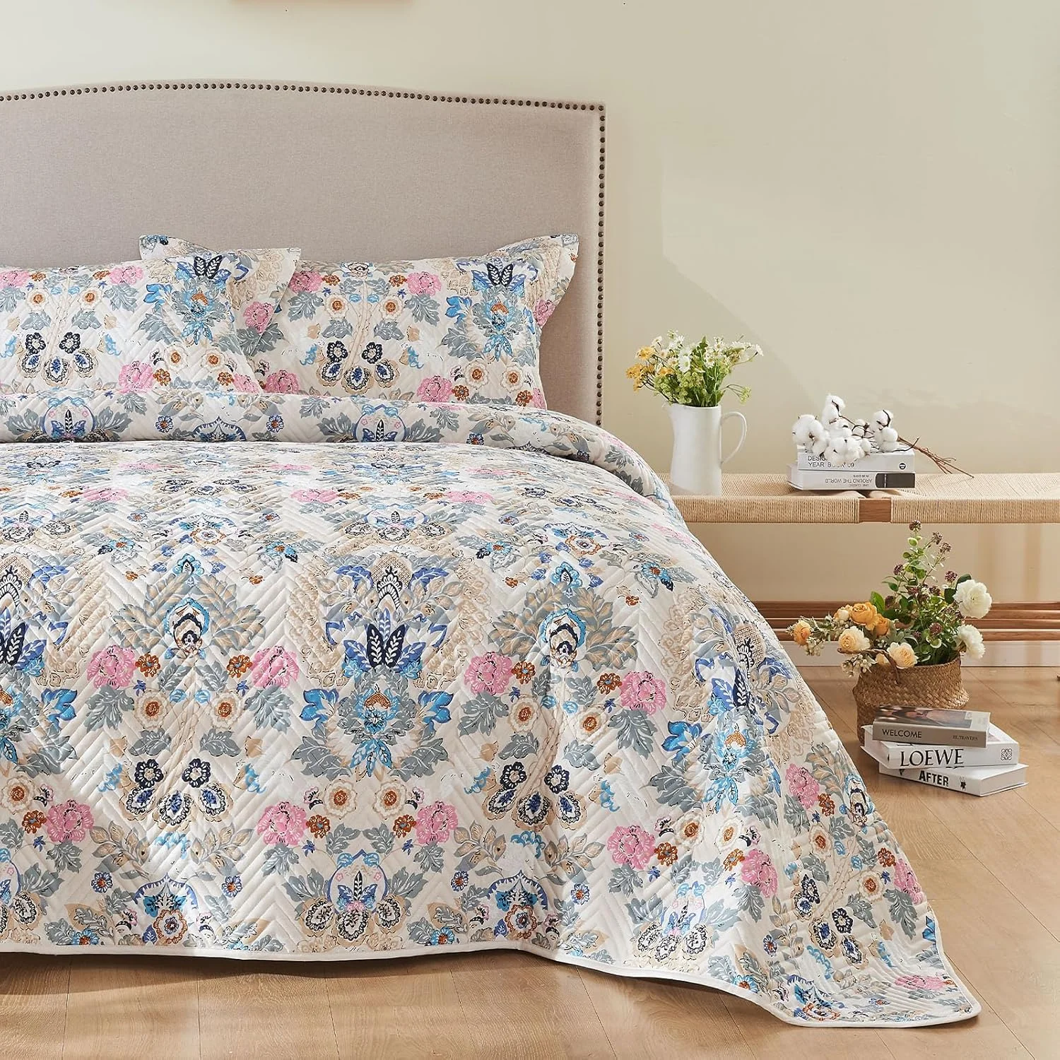 ست لحاف پنبه ارگانیک 100% با طرح گلدار لوکس Kingrest، سایز یک نفره، رو تختی بزرگ و روانداز، به همراه 2 روبالشتی ست، مناسب برای تمام فصول - طرح گلدار کلاسیک