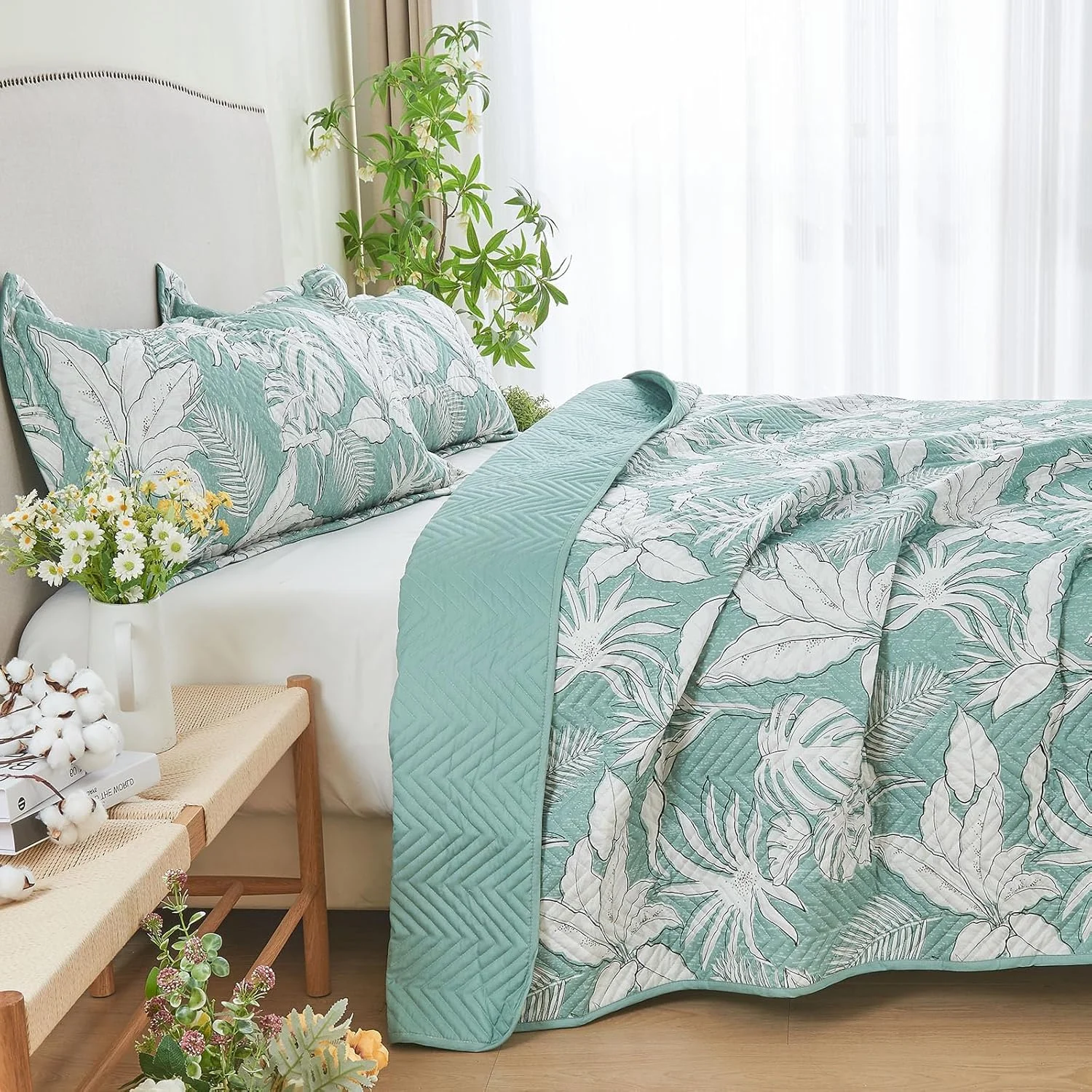 ست لحاف پنبه ارگانیک 100% طرح گلدار لوکس Kingrest سایز کوئین، رو تختی بزرگ و لحاف ست لحاف دوزی شده، با 2 روبالشی ست، مناسب تمام فصول - برگ های سبز