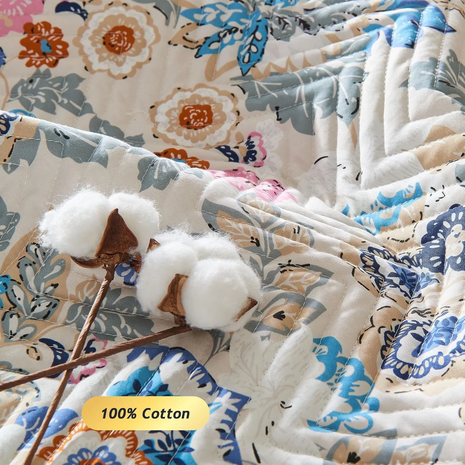 ست لحاف پنبه ارگانیک 100% با طرح گلدار لوکس Kingrest، سایز یک نفره، رو تختی بزرگ و روانداز، به همراه 2 روبالشتی ست، مناسب برای تمام فصول - طرح گلدار کلاسیک