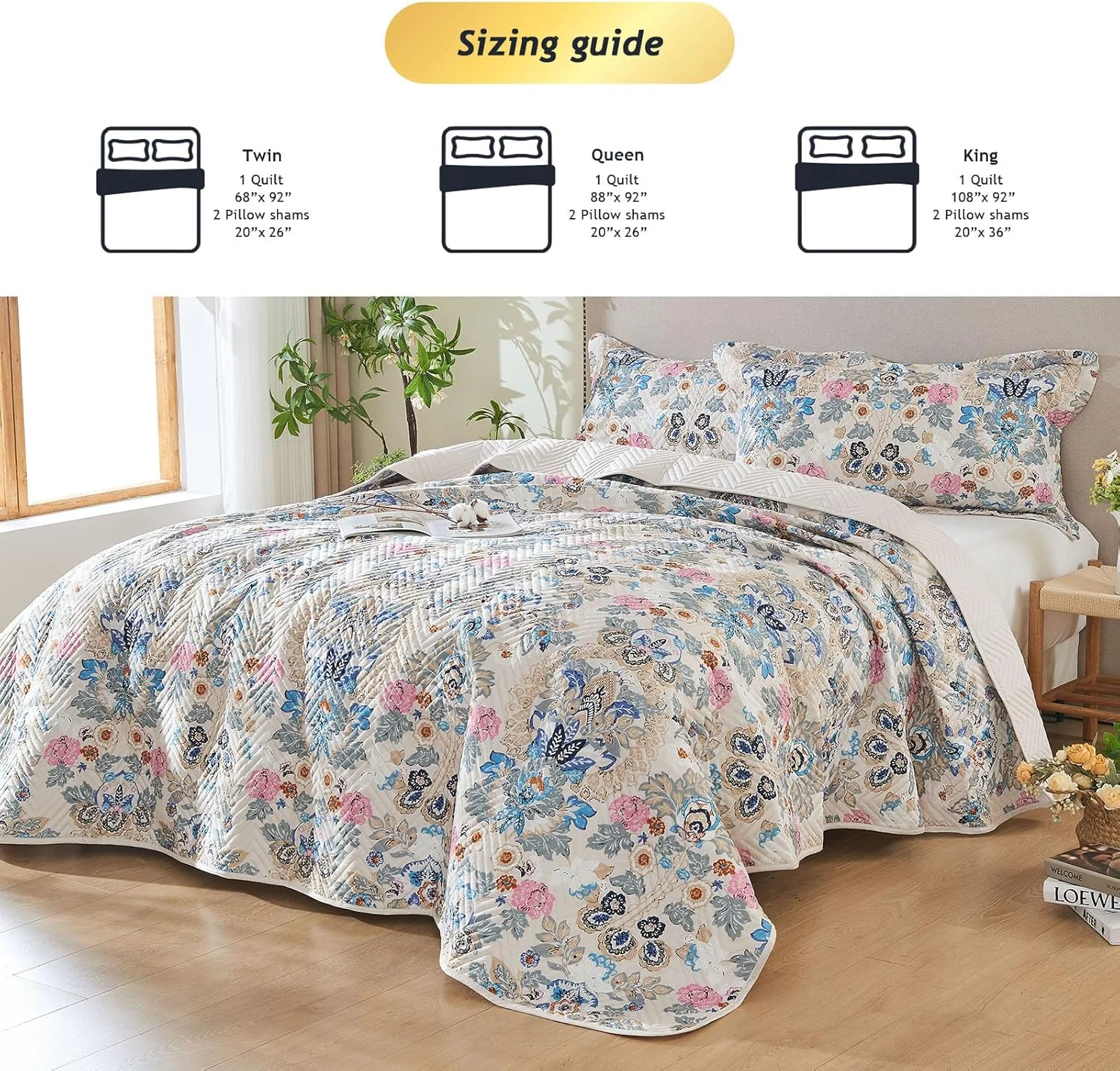 ست لحاف پنبه ارگانیک 100% با طرح گلدار لوکس Kingrest، سایز یک نفره، رو تختی بزرگ و روانداز، به همراه 2 روبالشتی ست، مناسب برای تمام فصول - طرح گلدار کلاسیک