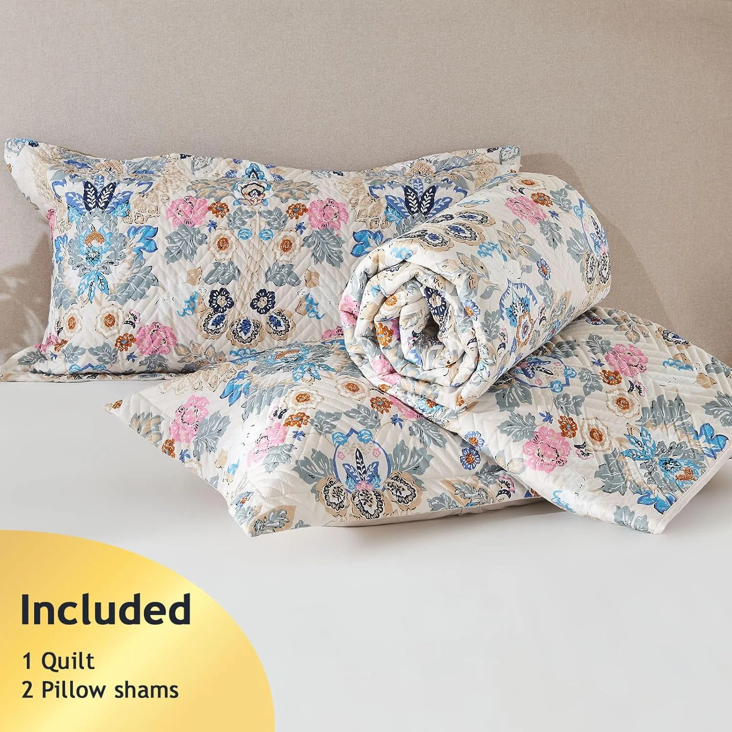 ست لحاف پنبه ارگانیک 100% با طرح گلدار لوکس Kingrest، سایز یک نفره، رو تختی بزرگ و روانداز، به همراه 2 روبالشتی ست، مناسب برای تمام فصول - طرح گلدار کلاسیک
