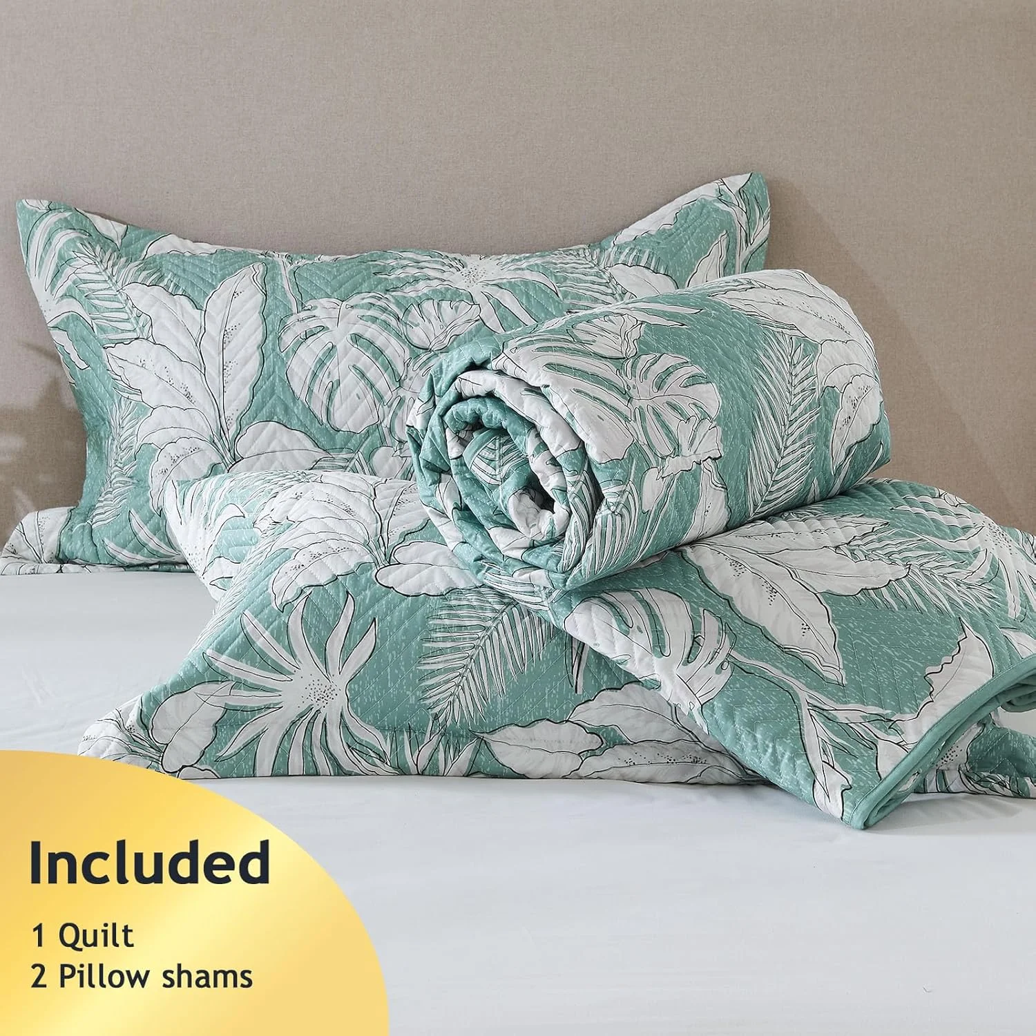 ست لحاف پنبه ارگانیک 100% طرح گلدار لوکس Kingrest سایز کوئین، رو تختی بزرگ و لحاف ست لحاف دوزی شده، با 2 روبالشی ست، مناسب تمام فصول - برگ های سبز